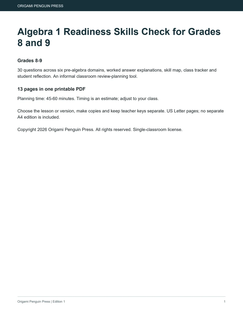 Algebra 1 Readiness Skills Check for Grades 8 and 9