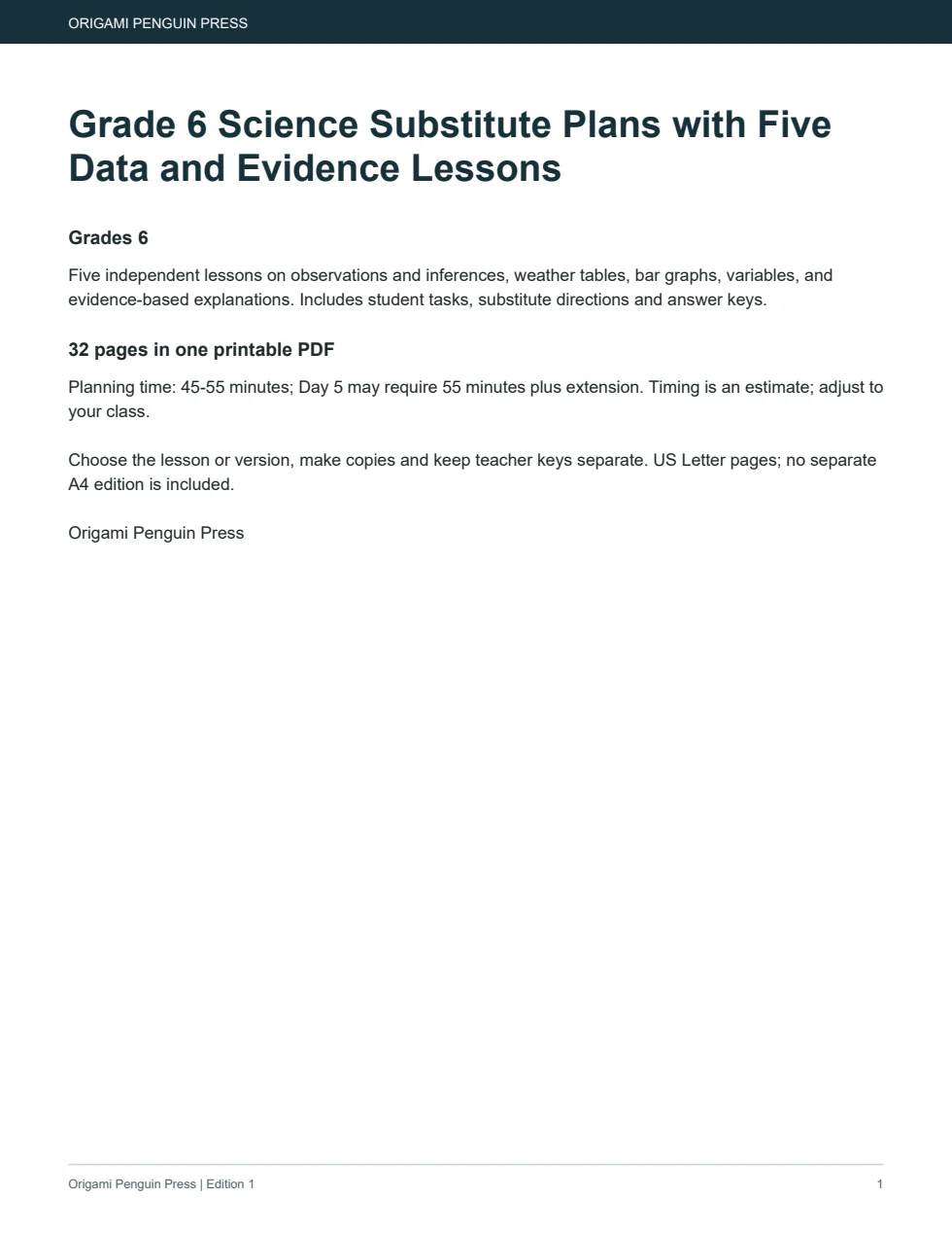 Grade 6 Science Substitute Plans with Five Data and Evidence Lessons