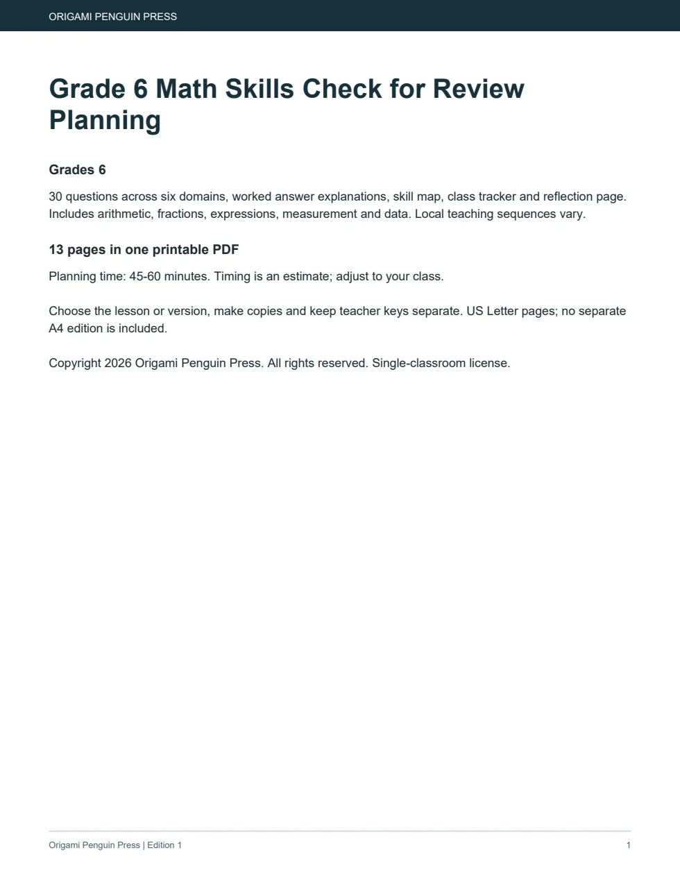 Grade 6 Math Skills Check for Review Planning