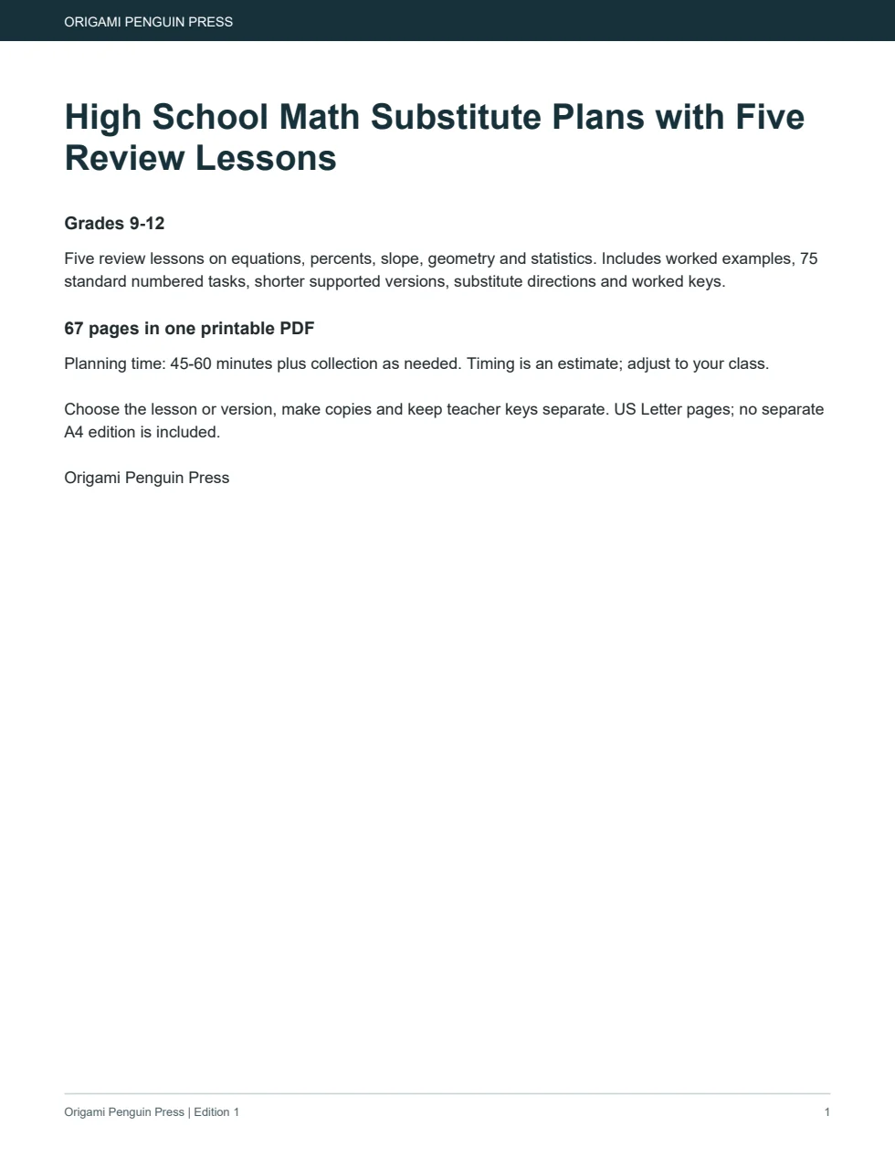 High School Math Substitute Plans with Five Review Lessons