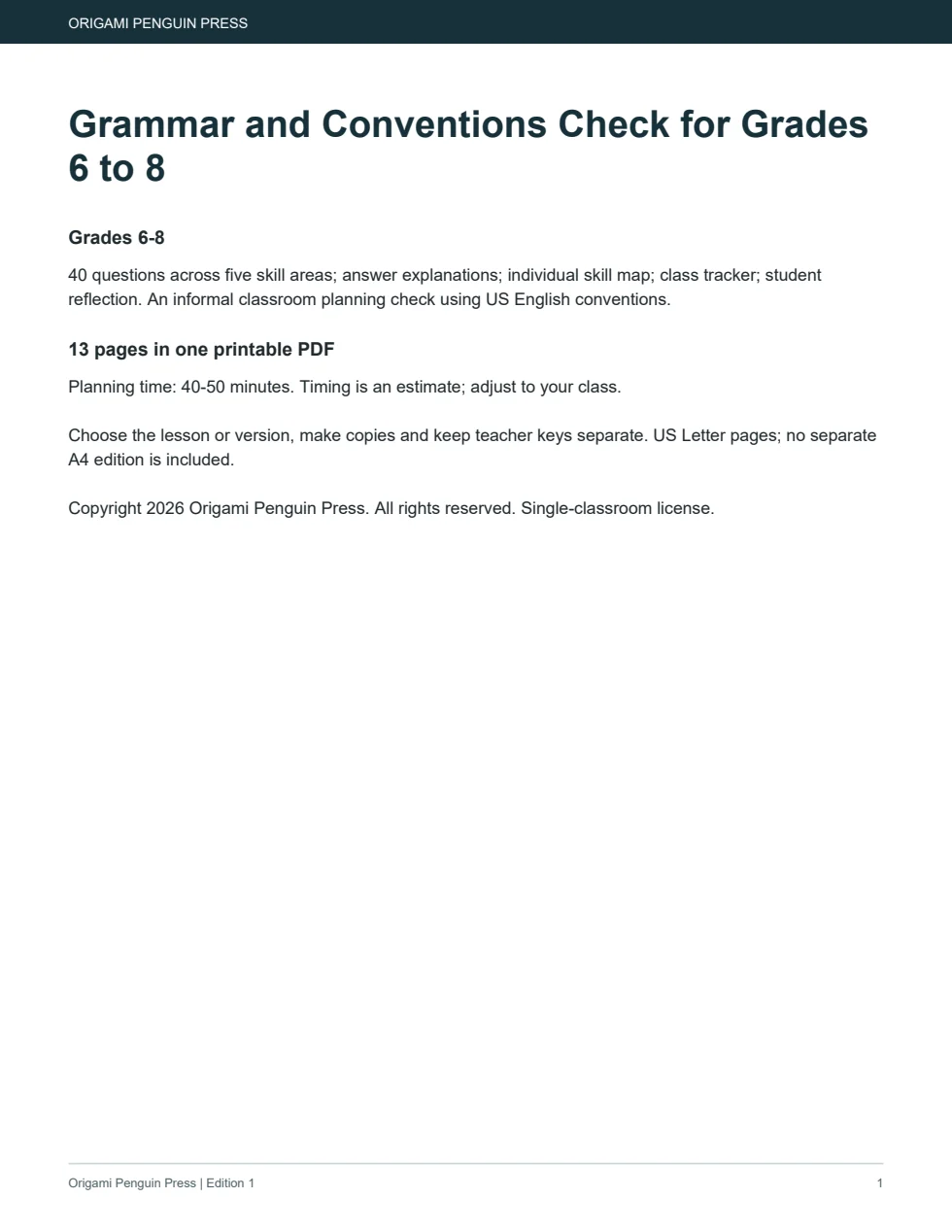 Grammar and Conventions Check for Grades 6 to 8