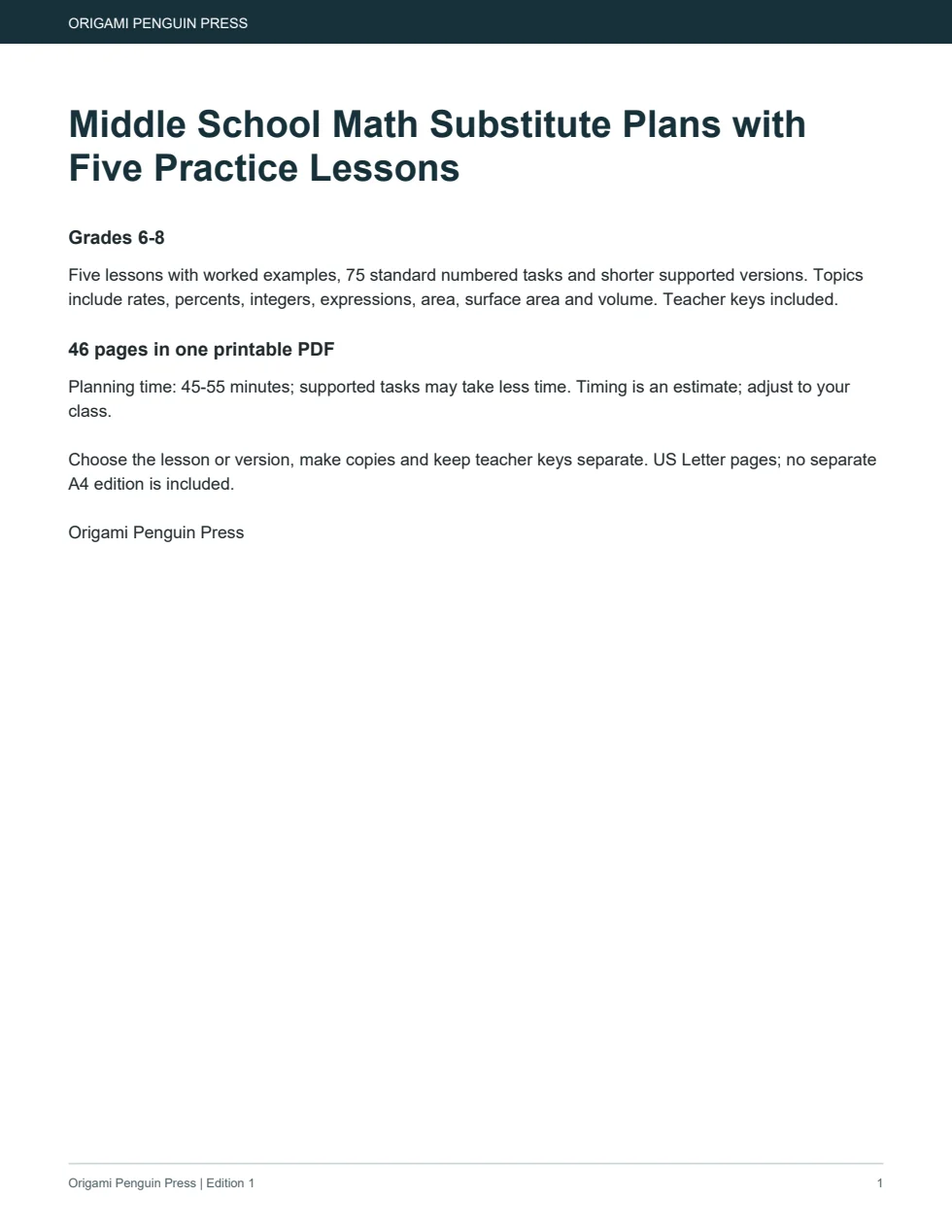 Middle School Math Substitute Plans with Five Practice Lessons