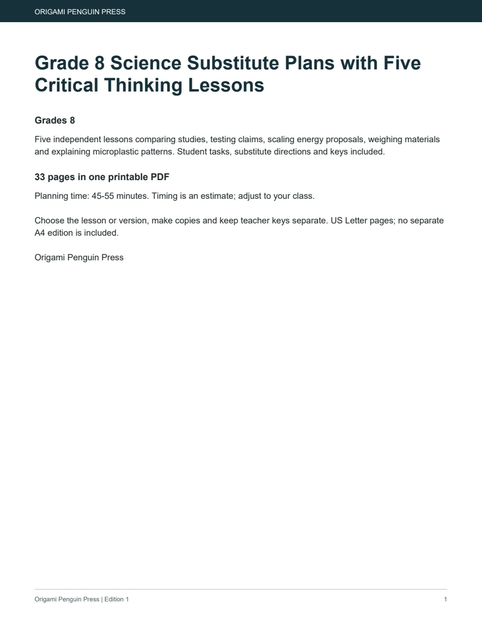Grade 8 Science Substitute Plans with Five Critical Thinking Lessons