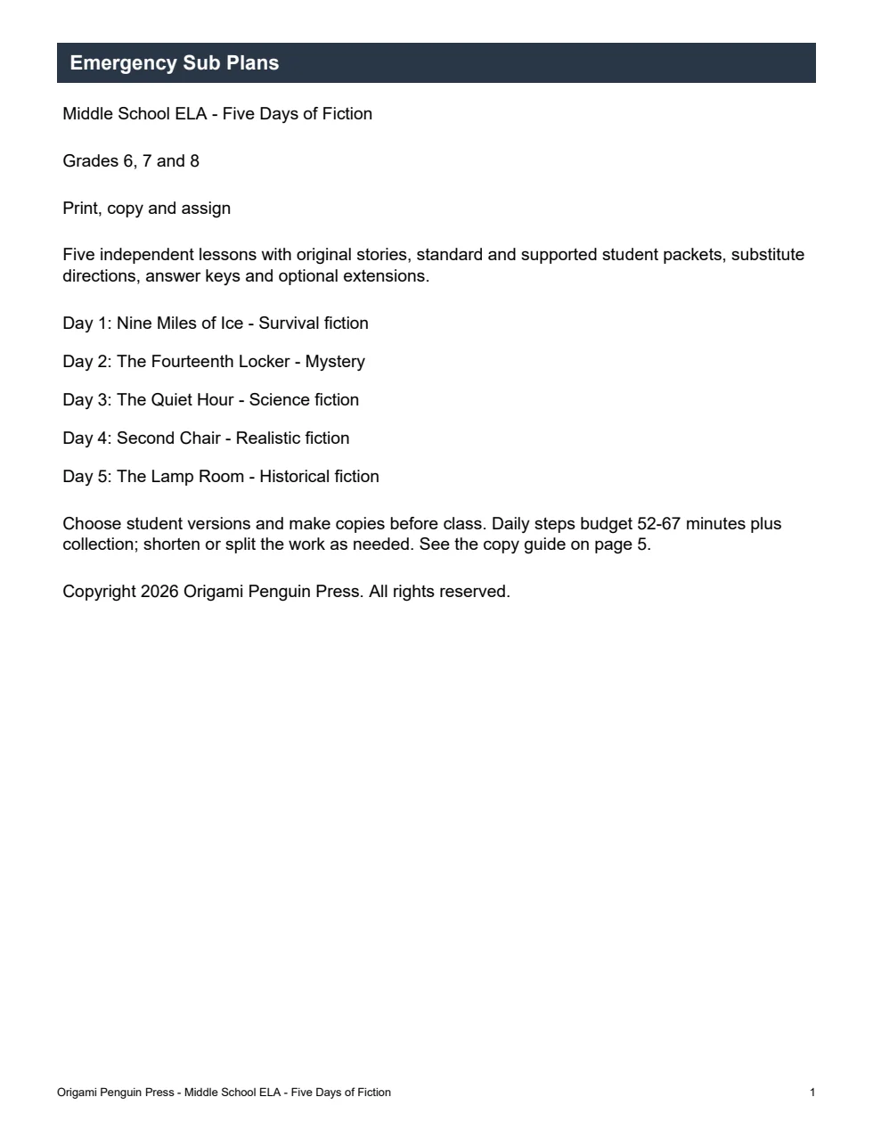 Middle School ELA Substitute Plans with Five Fiction Lessons