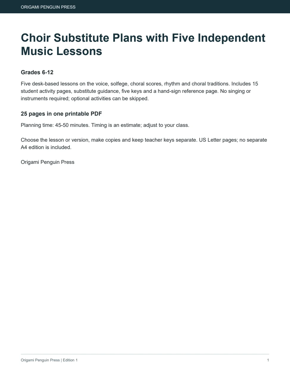 Choir Substitute Plans with Five Independent Music Lessons