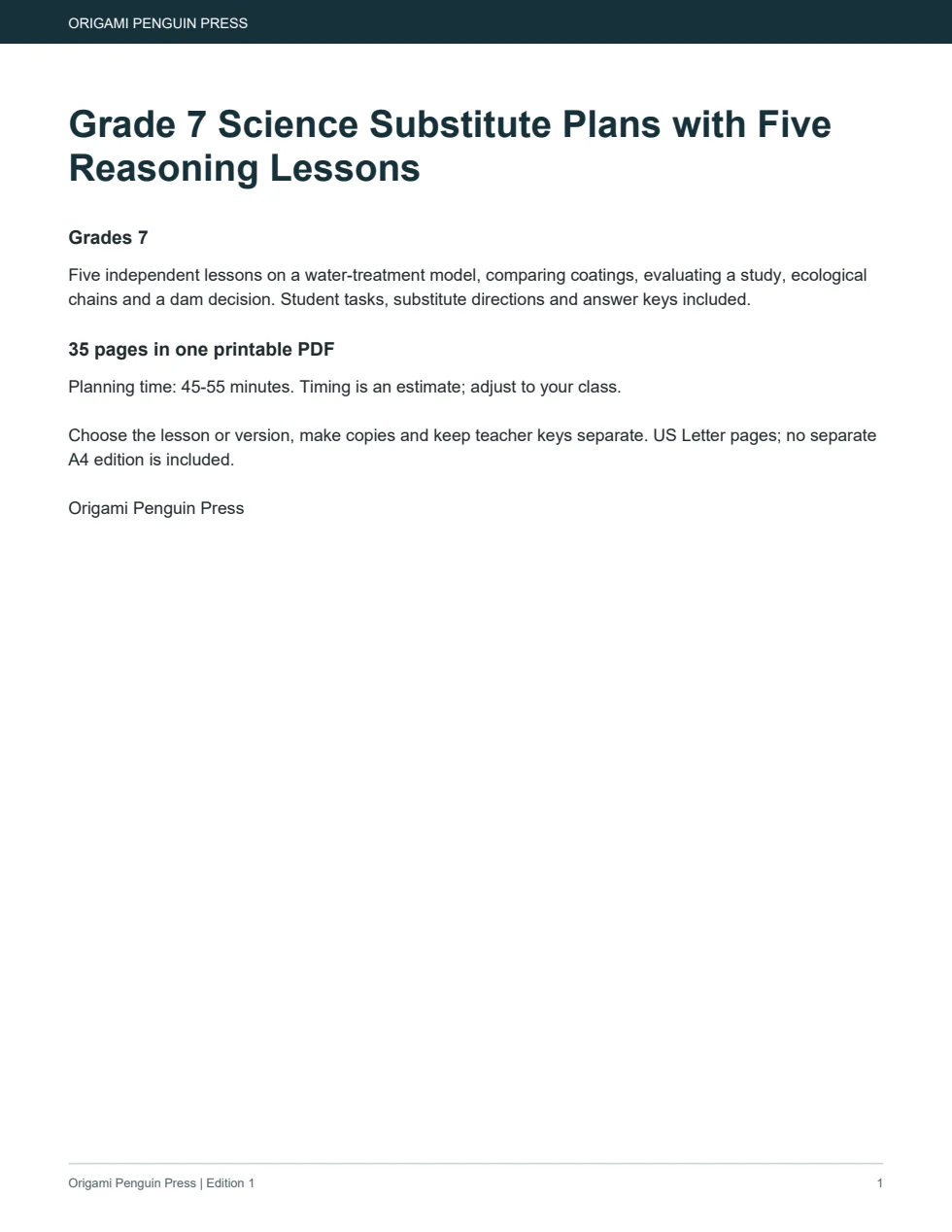 Grade 7 Science Substitute Plans with Five Reasoning Lessons