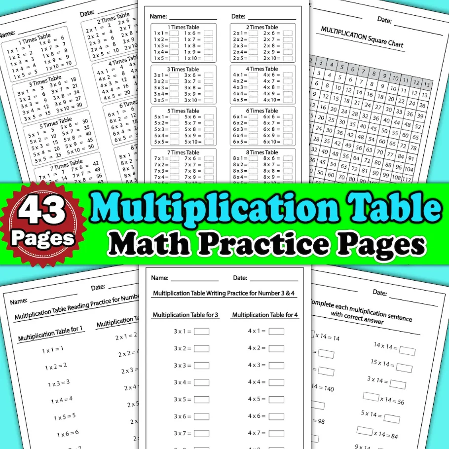 Multiplying Practice Worksheets 43 Pages | 1–20 Math Times Table Printable Practice Pages 1st-4th Grade Math | Multiplication Square Chart