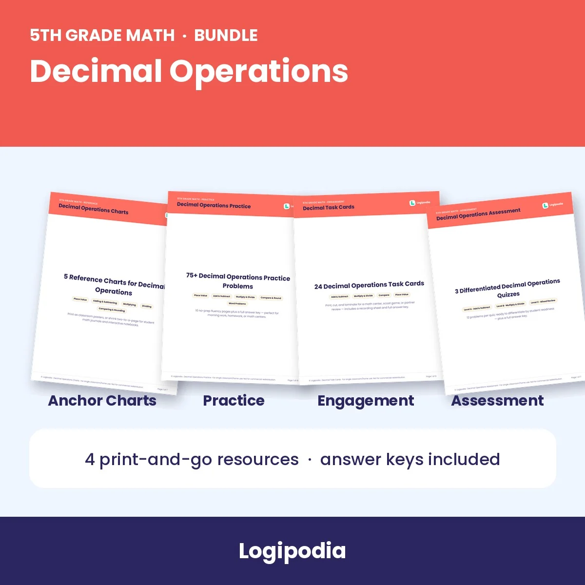 5th Grade Decimal Operations Bundle | Reference Charts, Practice Worksheets, Task Cards & Assessment