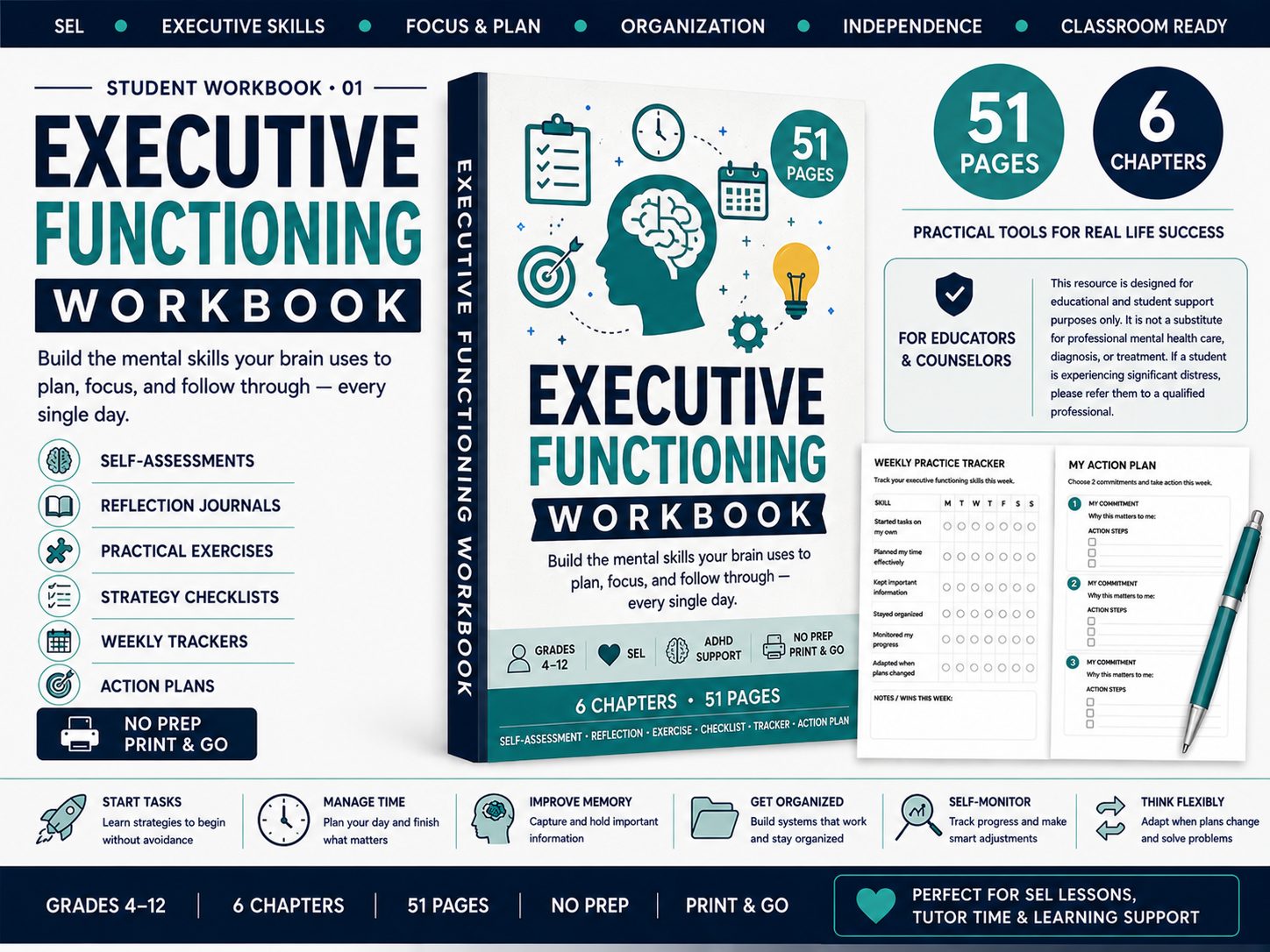 Executive Functioning Workbook | SEL, Focus & Organization Skills