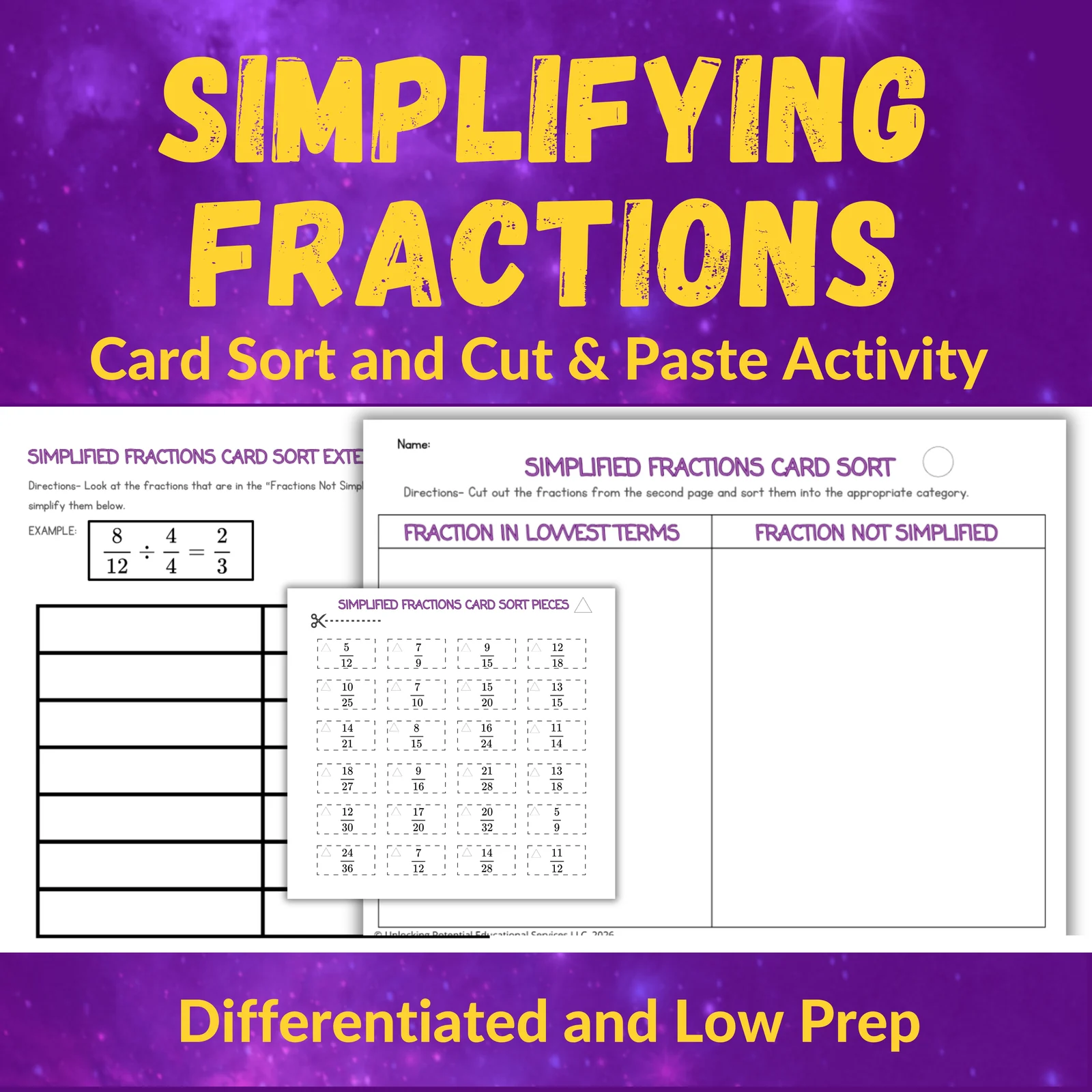Simplifying Fractions Cut and Paste & Card Sorting Activity | Grades 4 and 5