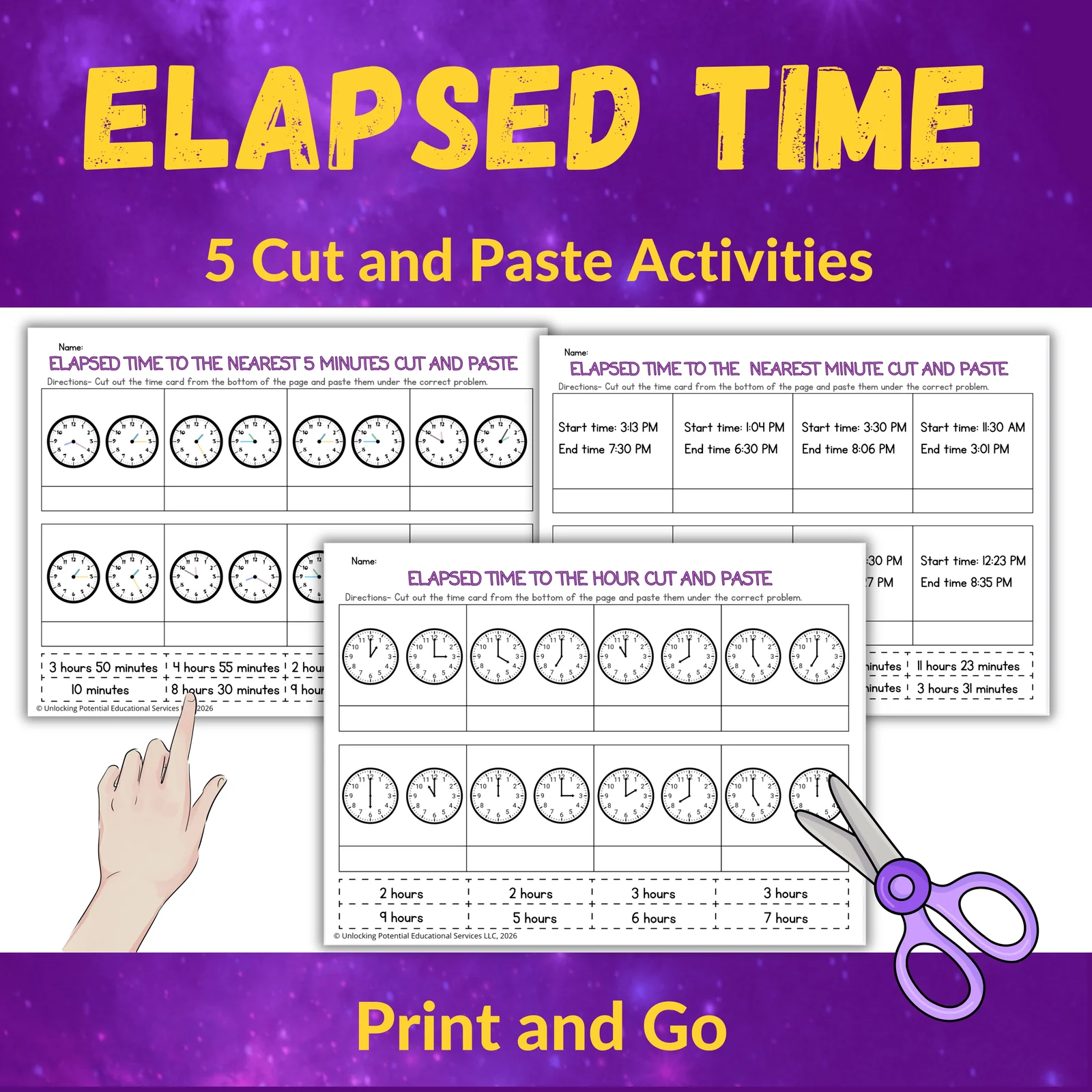 Elapsed Time Cut & Paste Activities for 2nd & 3rd Grade | Telling Time Practice