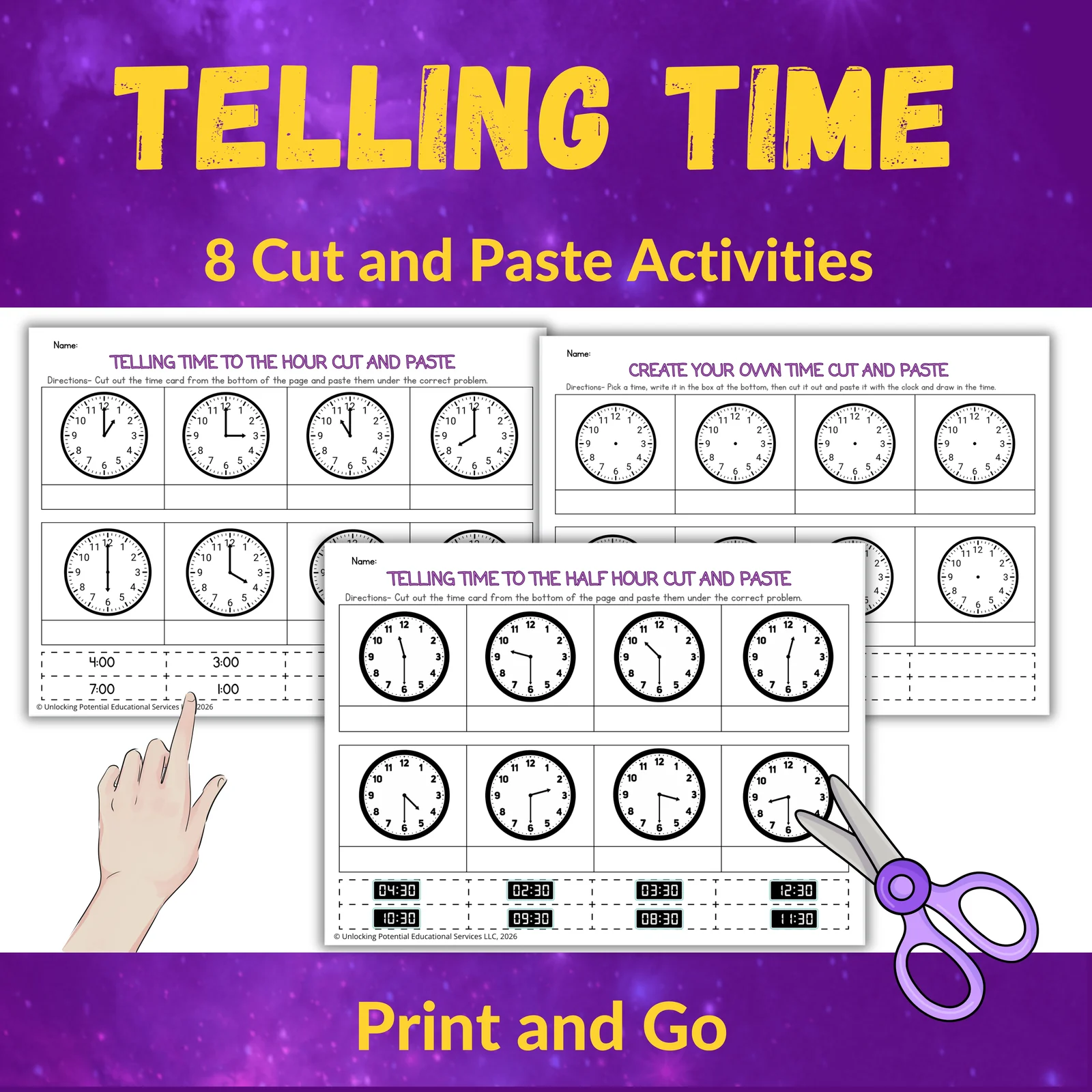 Telling Time Cut & Paste Activities | Analog & Digital Clocks | 2nd & 3rd Grade