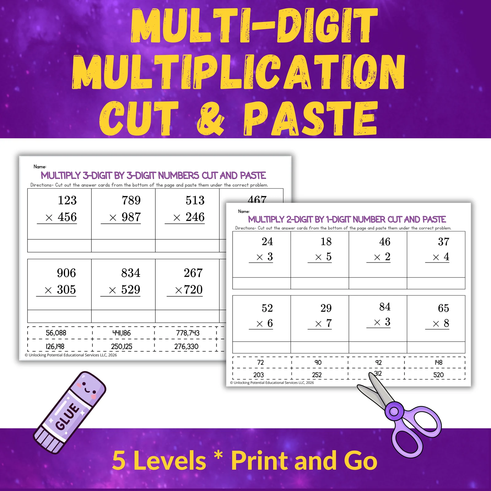 Leveled Multi-Digit Multiplication Cut and Paste Activities | 3rd 4th 5th Grade