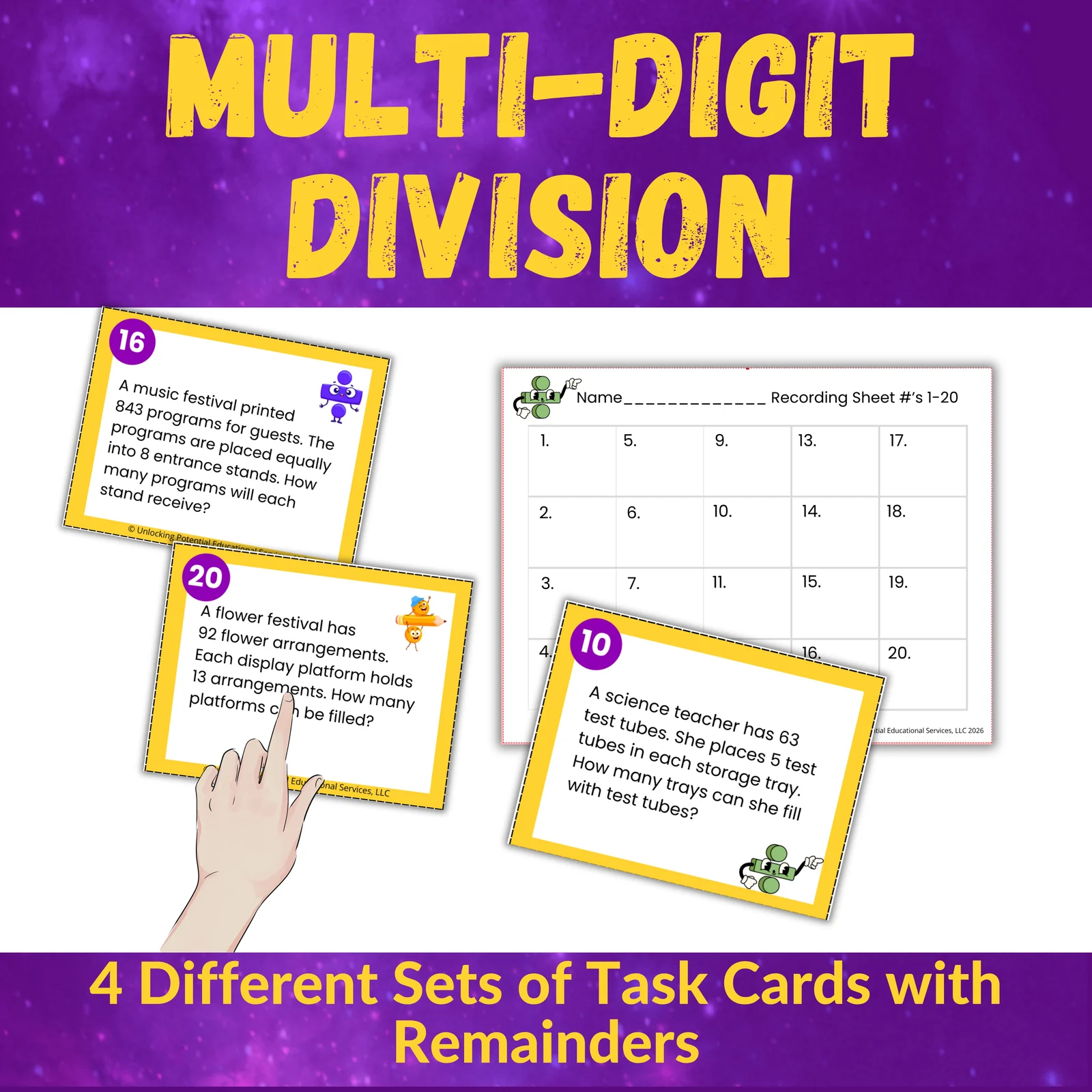 Multi-Digit Division Word Problem Task Cards for 3rd 4th 5th Grade No Remainders