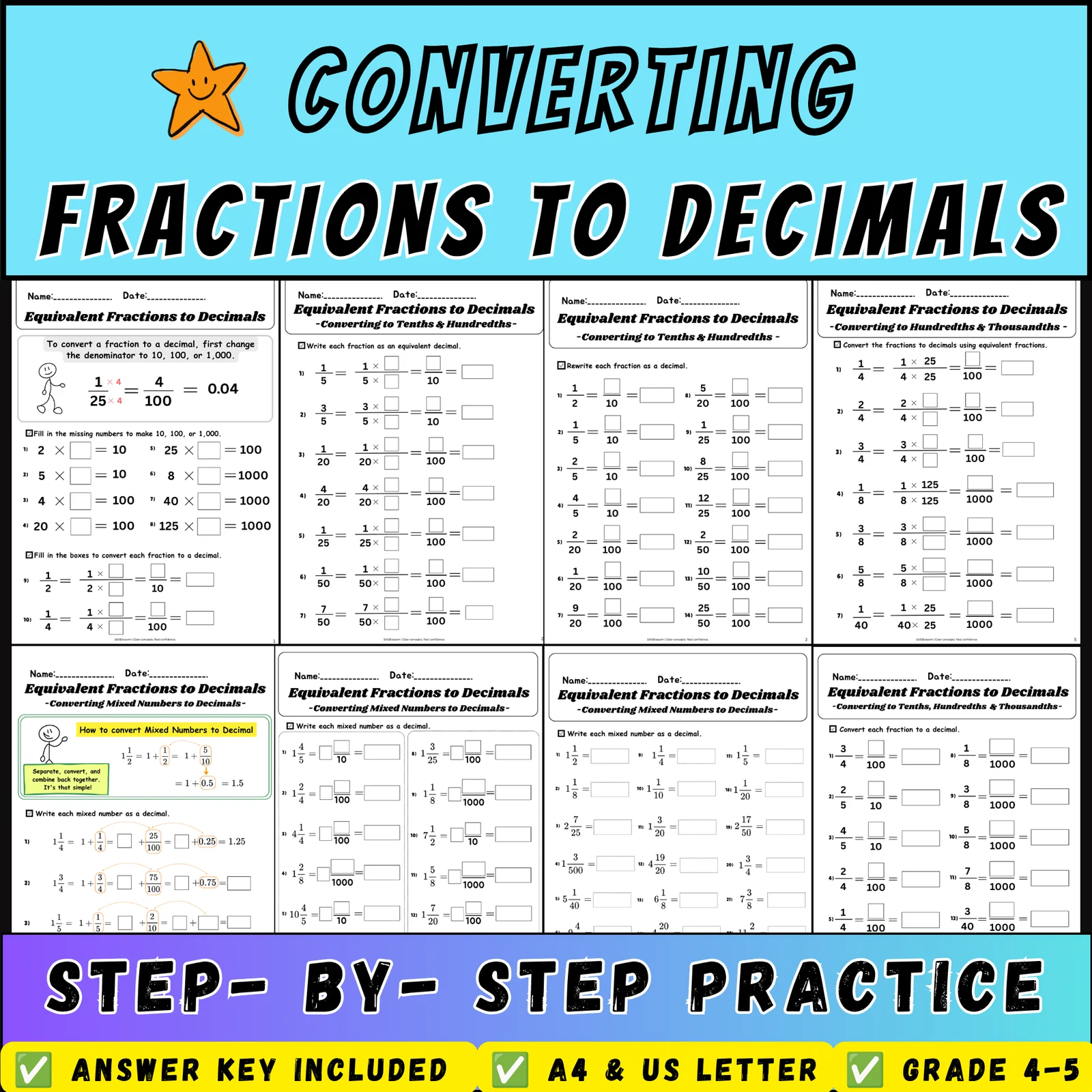 Converting Fractions and Decimals Worksheets | Fractions to Decimals, Decimals to Fractions, Mixed Numbers, Tenths Hundredths Thousandths | Grades 4–5