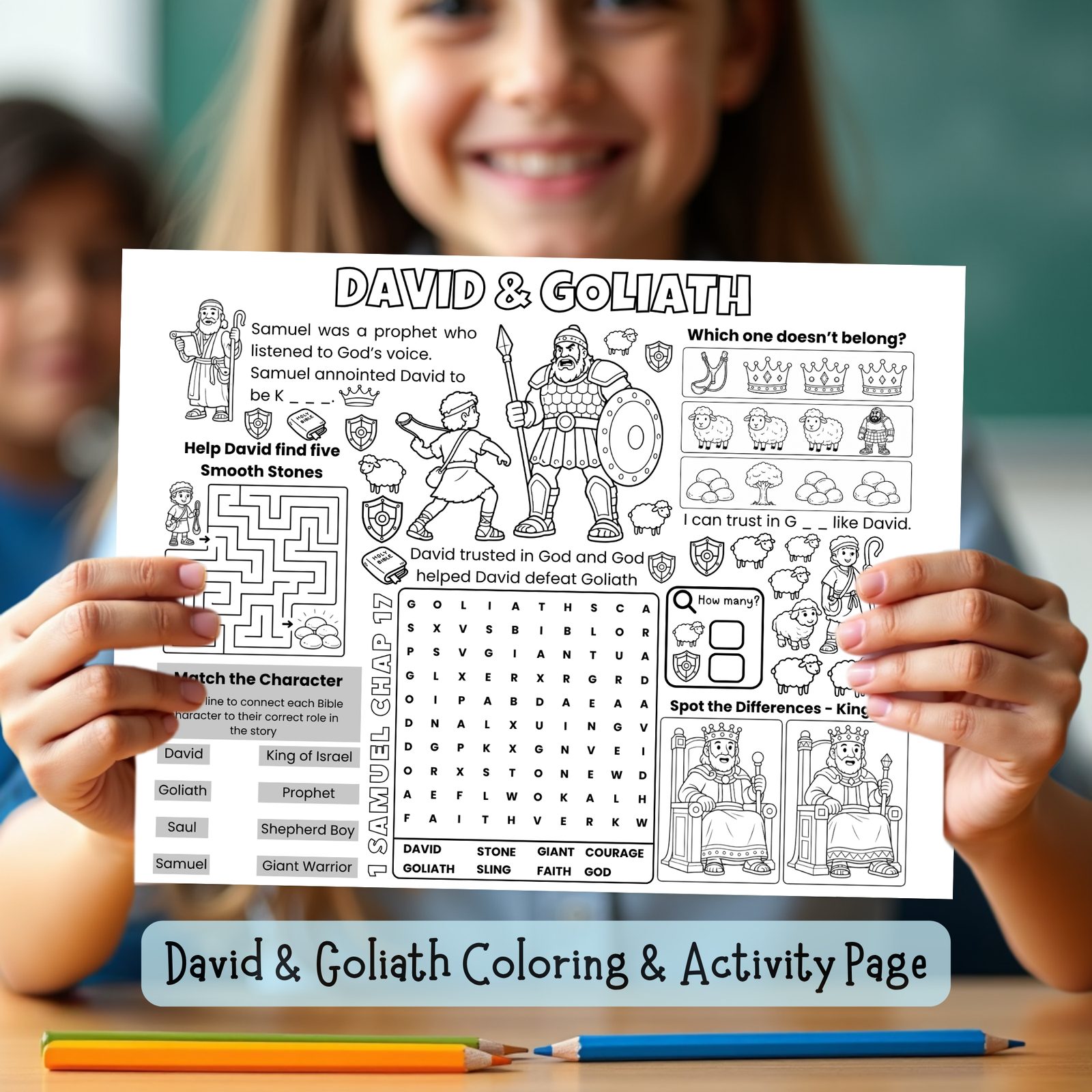 David and Goliath Bible Coloring Activity Page | Sunday School Worksheet