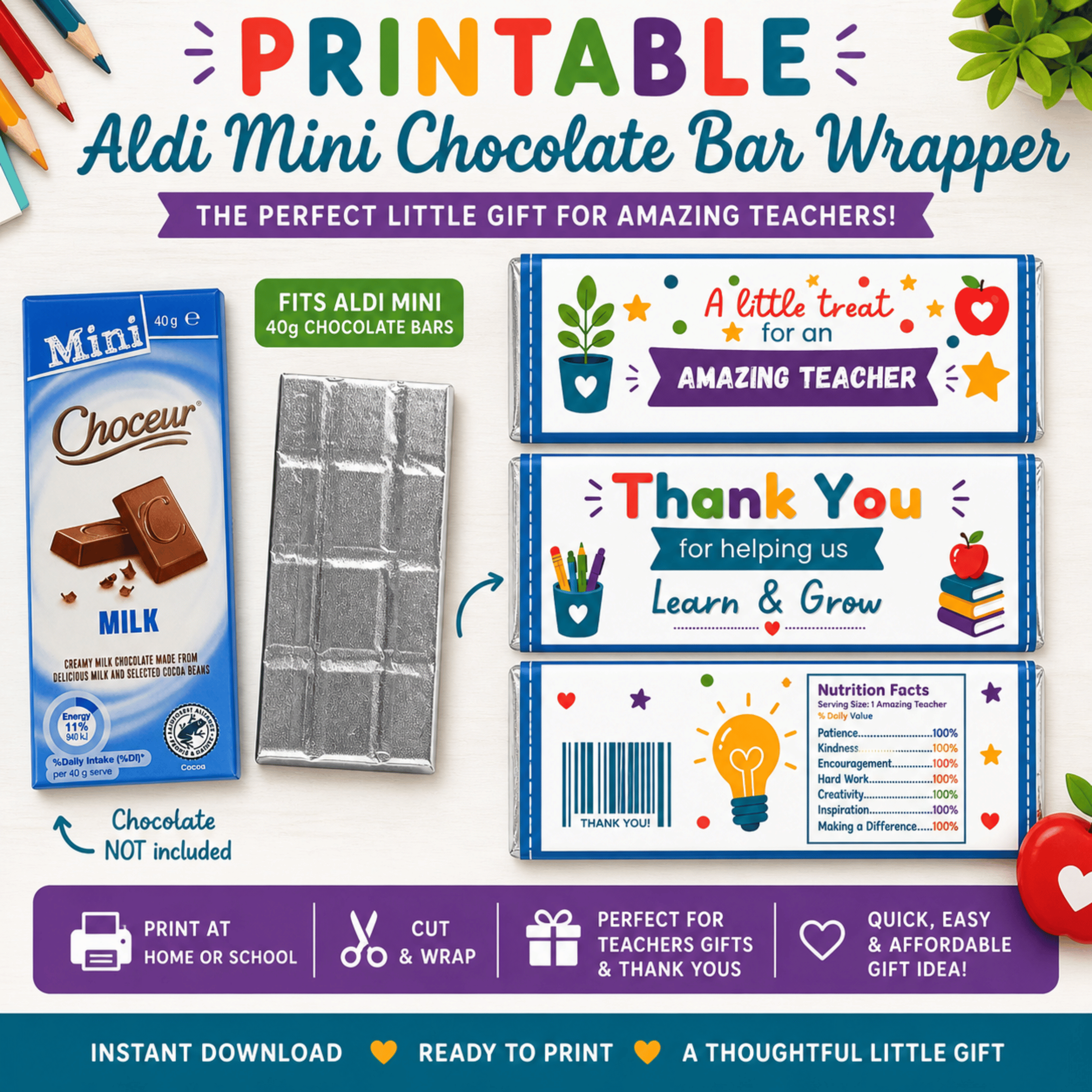 Teacher Appreciation Chocolate Bar Wrapper | Thank You Printable Aldi Mini Choc