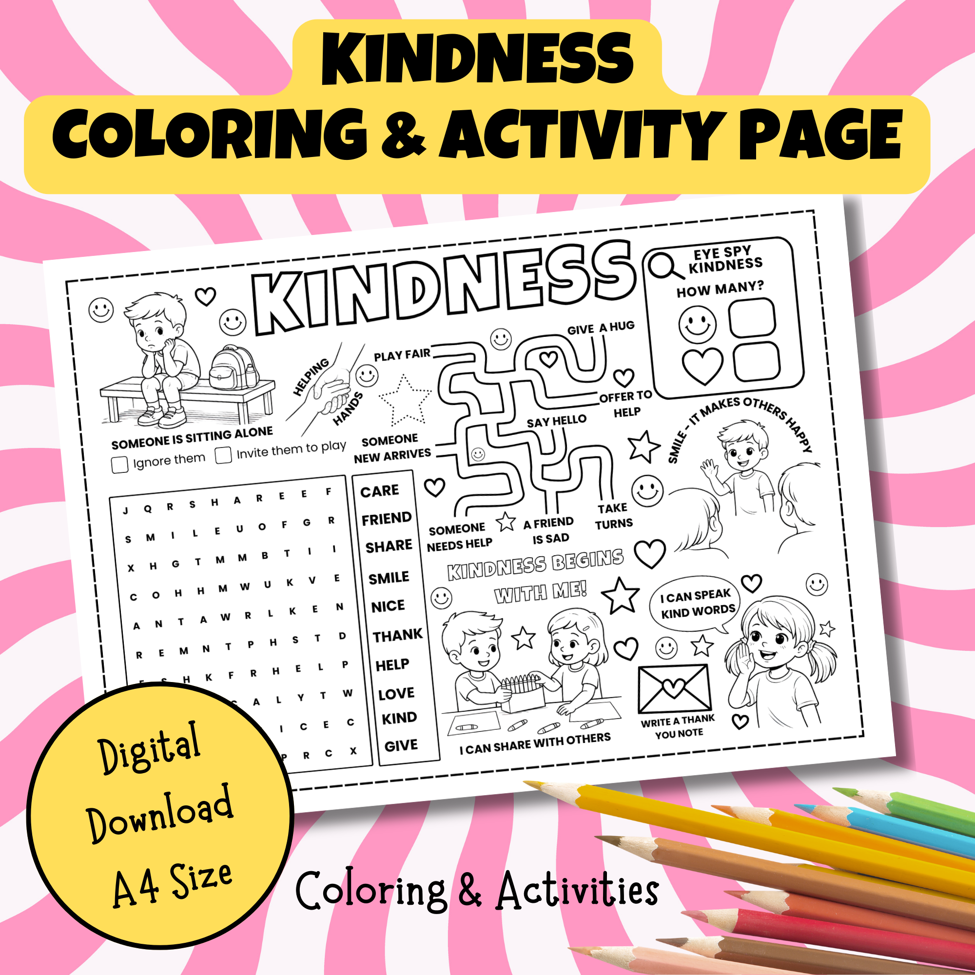 Kindness Coloring & Activity Page | Social Emotional Learning Character Education Worksheet