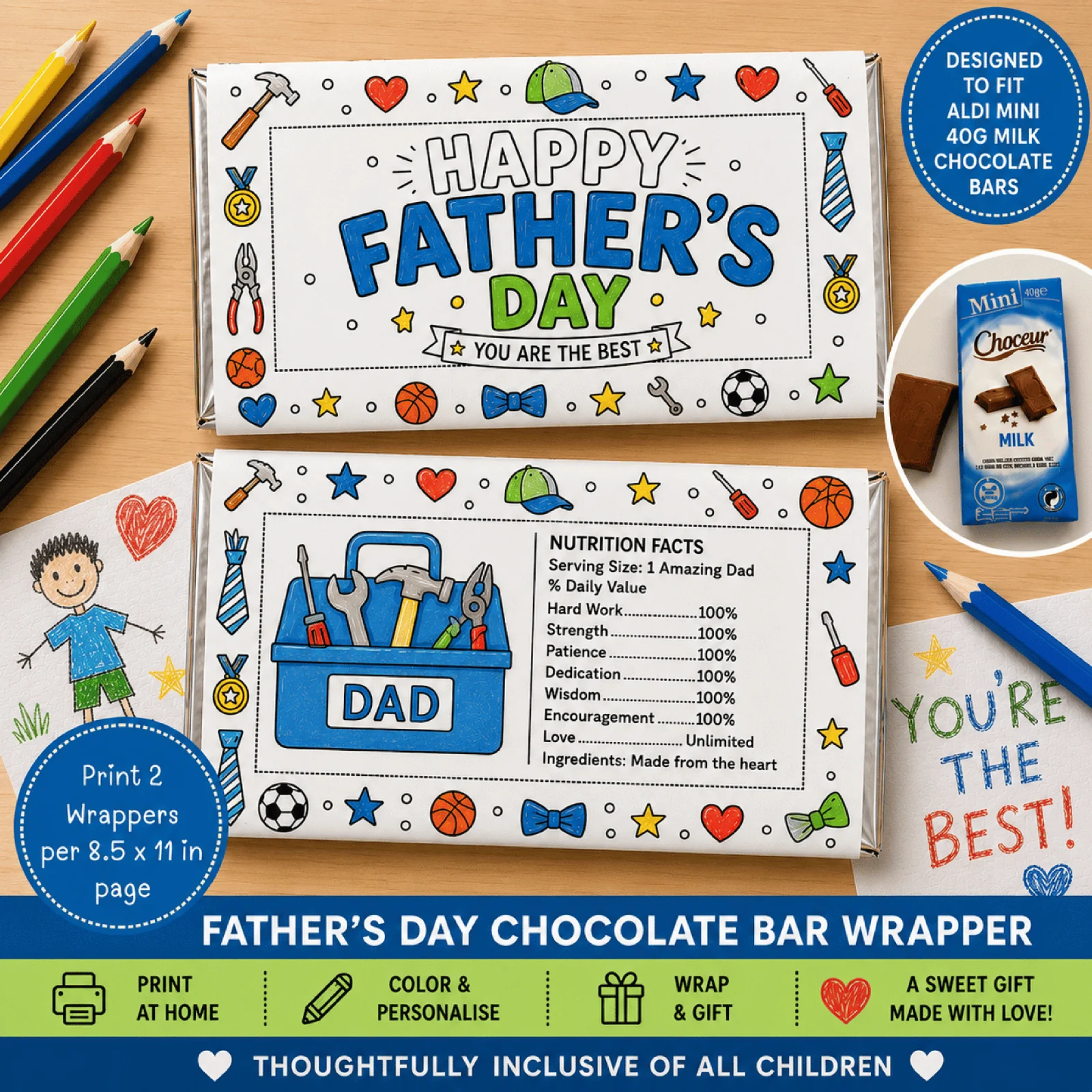 Father's Day Chocolate Bar Wrapper Craft | Inclusive Coloring Gift Printable