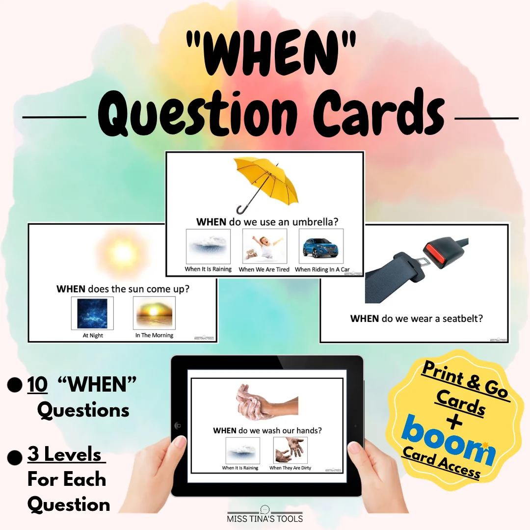 WHEN Questions | 3-Level Speech Therapy Question Cards + Boom Cards