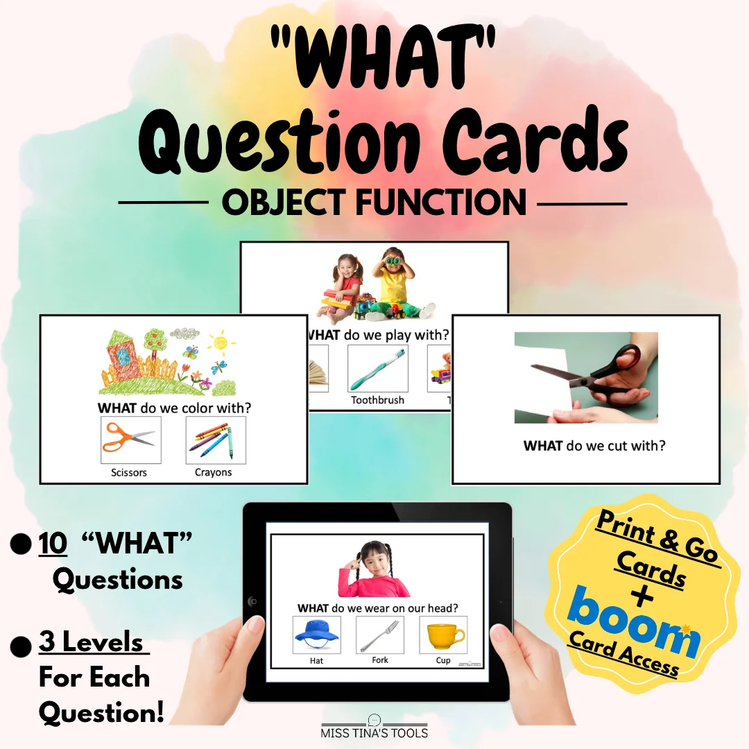 WHAT Questions: Object Function | 3-Level Speech Therapy Question Cards + Boom Cards