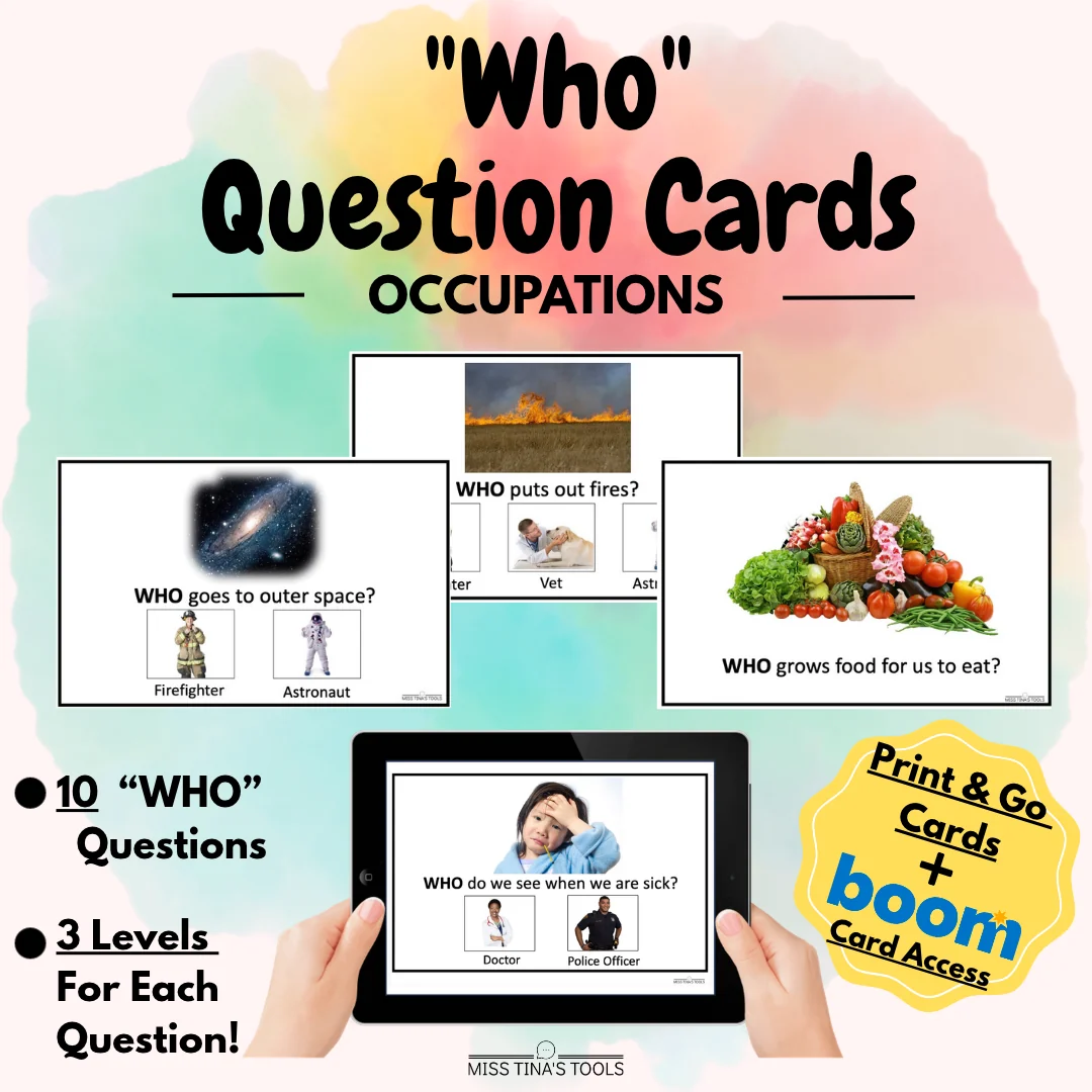 WHO Questions: Occupations | 3-Level Speech Therapy Question Cards + Boom Cards