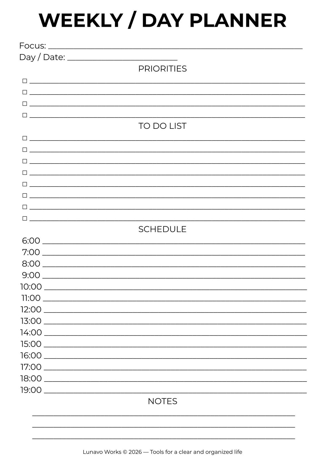 Weekly Day Planner Worksheet | Printable Student Planner Page