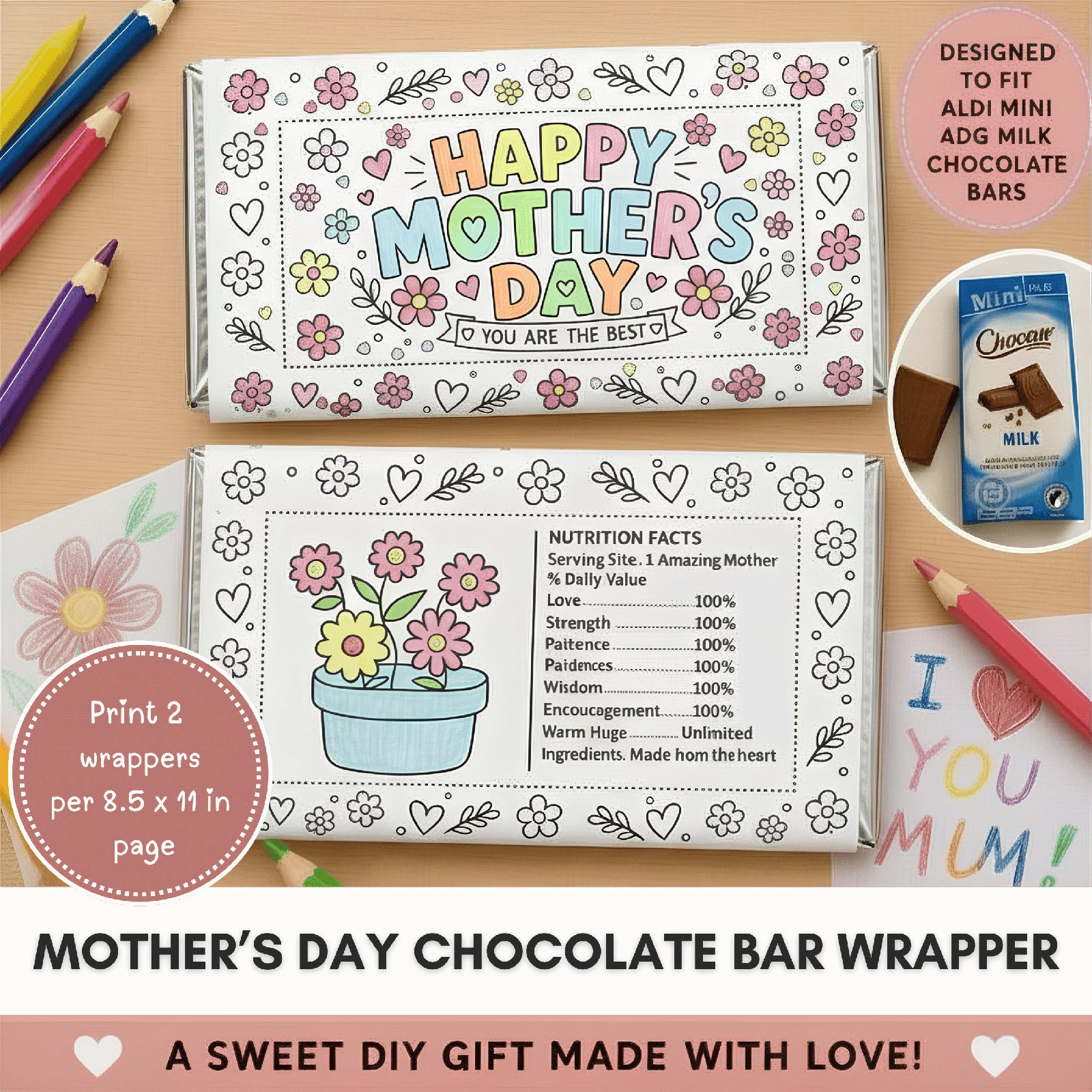 Mother' Day Chocolate Bar Wrapper Craft | Inclusive Coloring Gift Printable