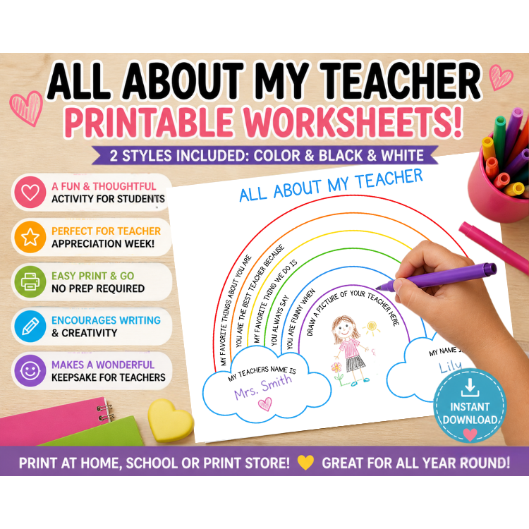 All About My Teacher Printable | Teacher Appreciation Writing Activity