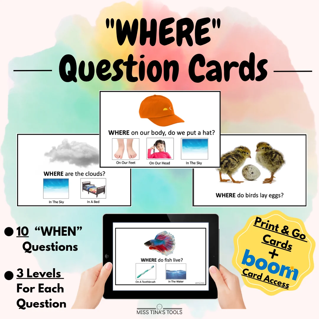 WHERE Questions | 3-Level Speech Therapy Question Cards + Boom Cards