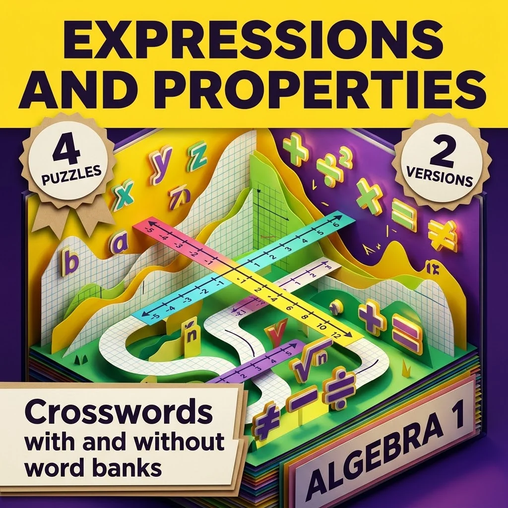 Algebra 1 Expressions and Properties Crosswords with Word Bank