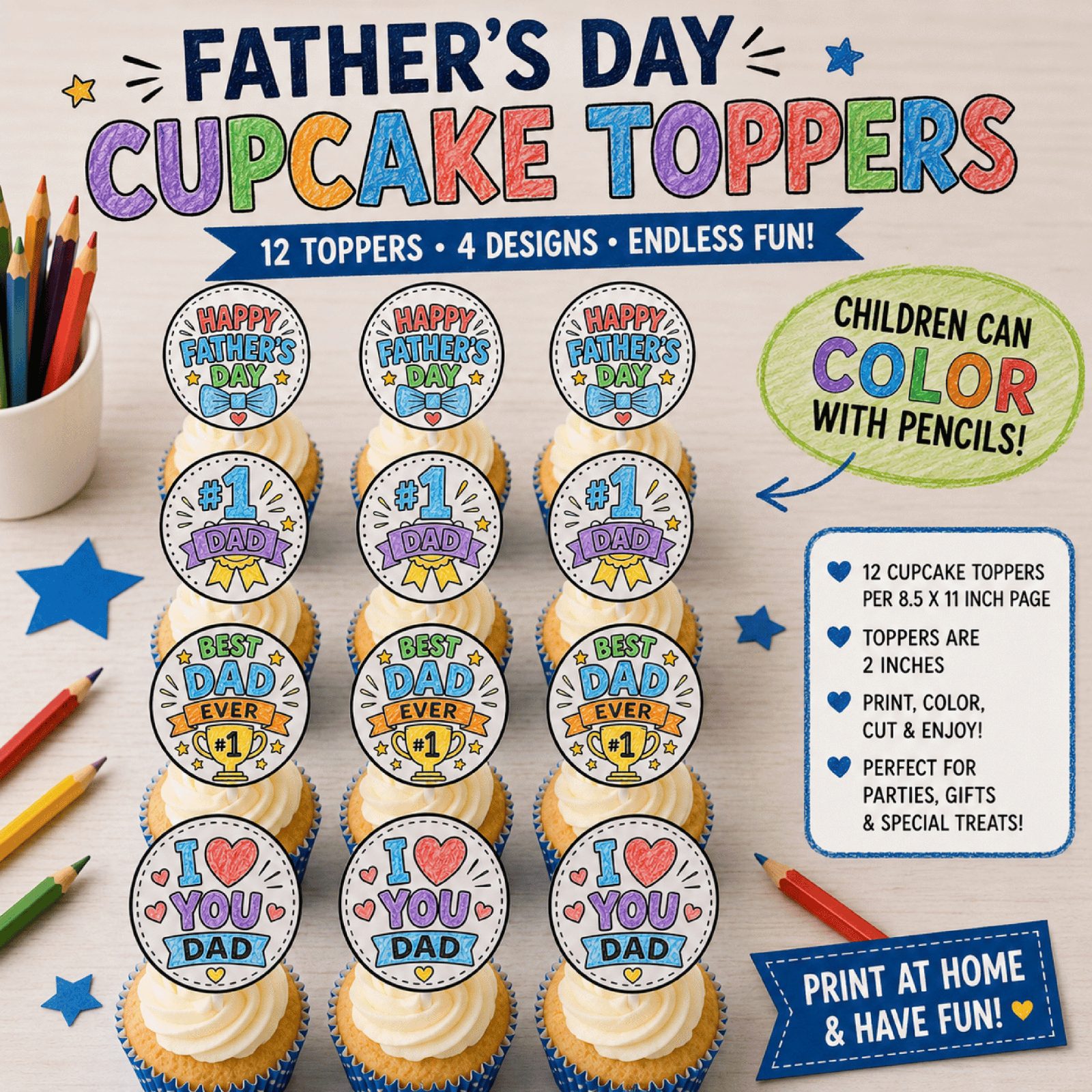 Father's Day Cupcake Toppers Craft | Coloring Activity | Printable Gift for Dad