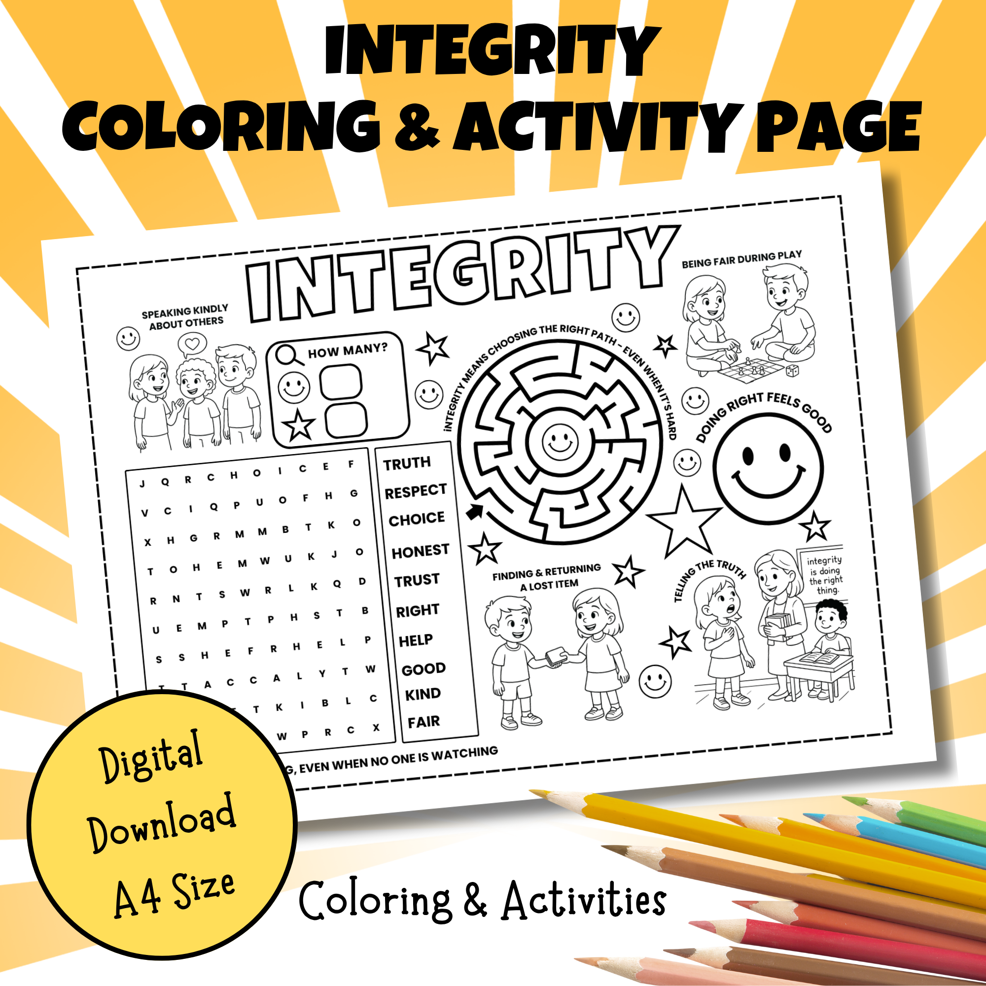 Integrity Coloring & Activity Page | Social Emotional Learning Character Education Worksheet
