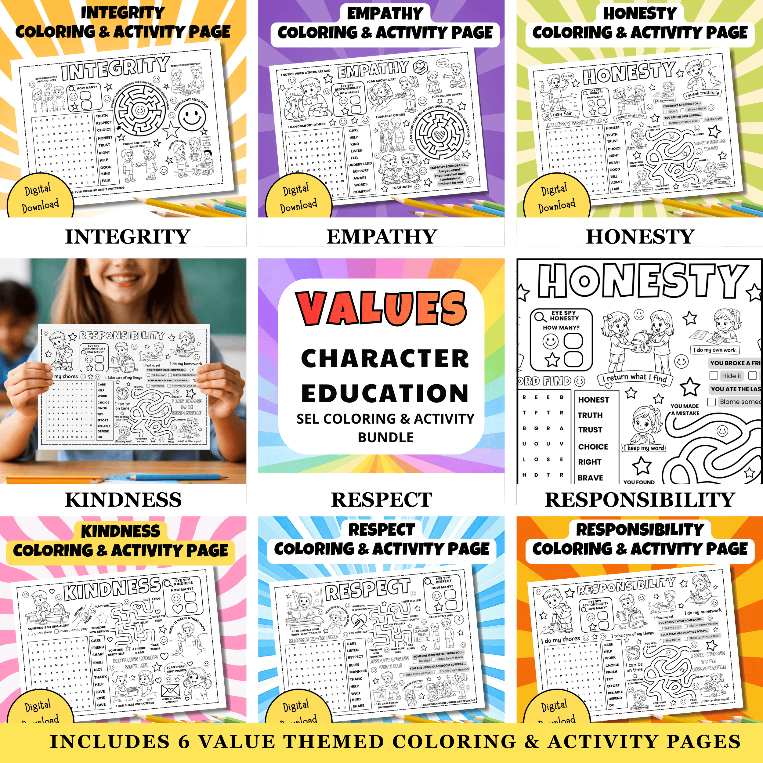 Character Education Coloring Pages & Activities Bundle | Values | SEL Worksheets