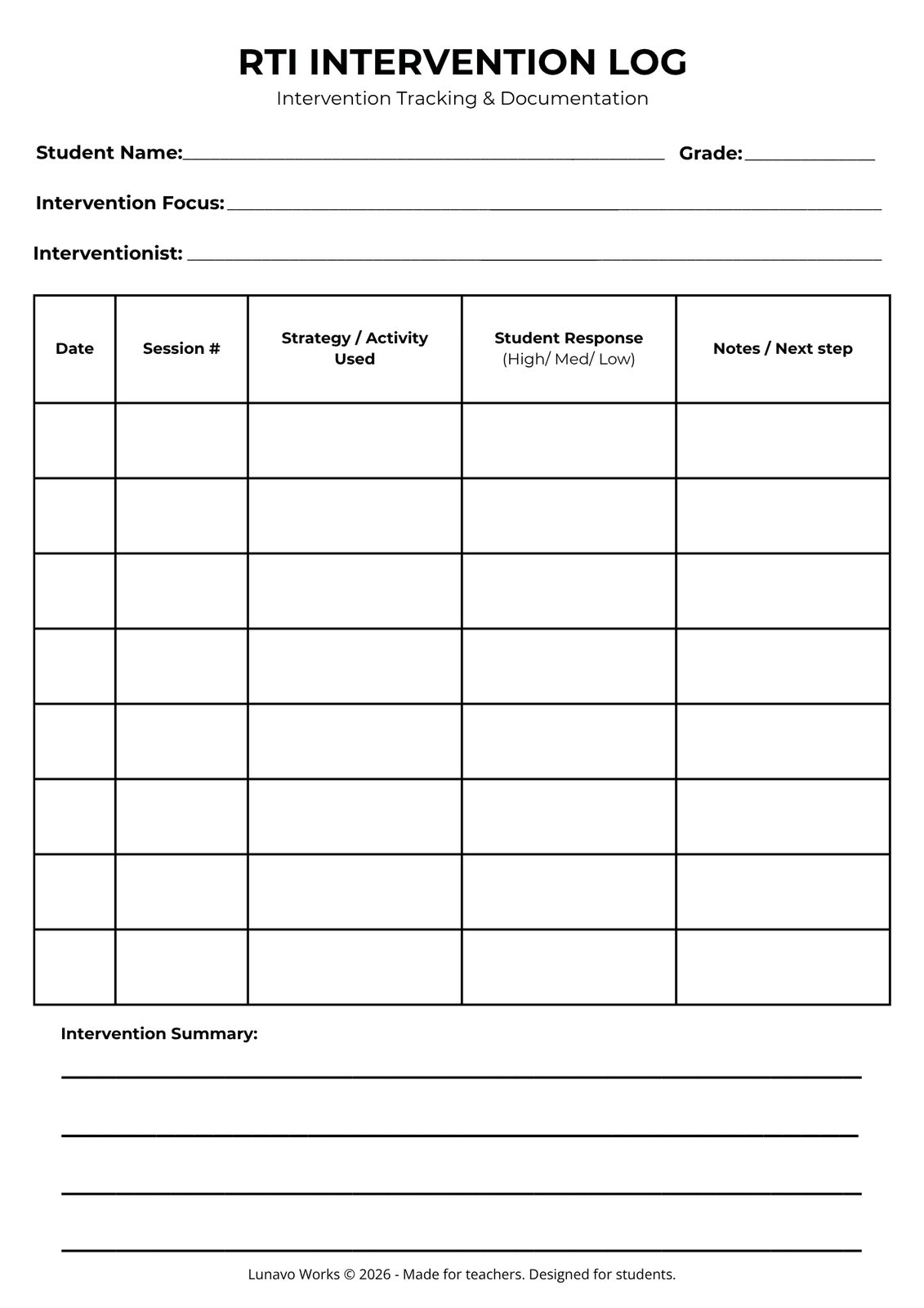RTI Intervention Log | Printable Student Support Tracking Form