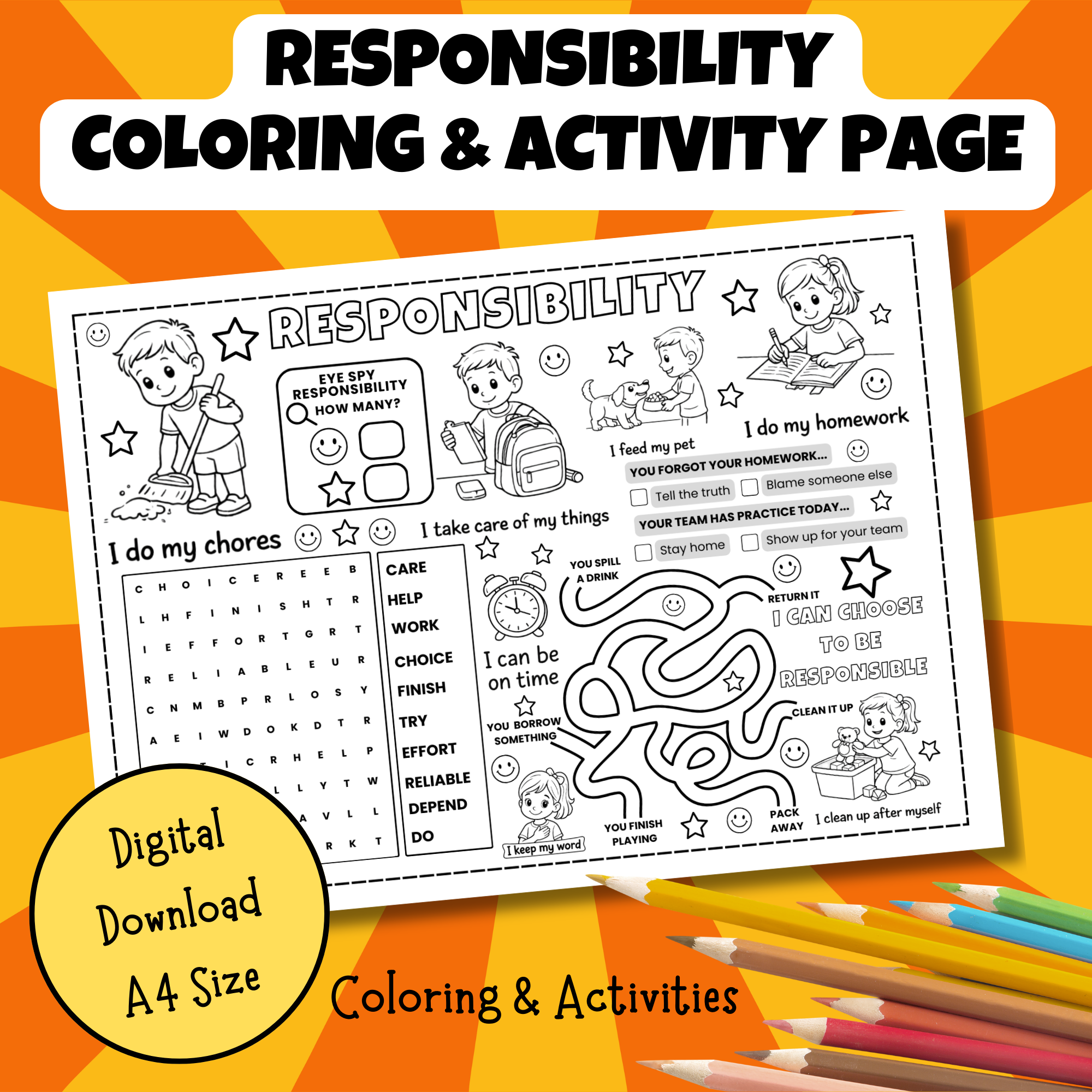 Responsibility Coloring & Activity Page | Social Emotional Learning Character Education Worksheet