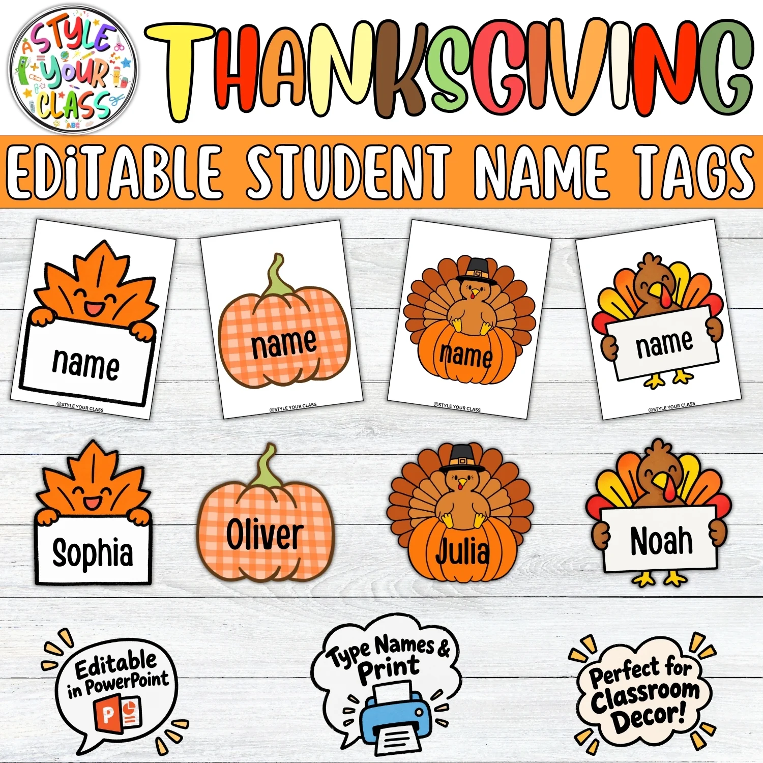 Editable Thanksgiving Name Tags | Turkey Pumpkin Fall Leaf Student Name Tags