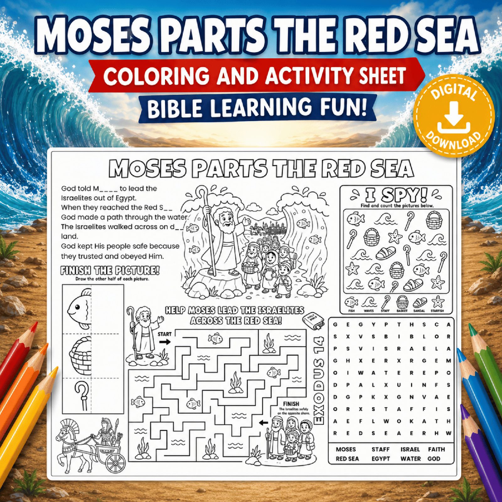 Moses Parts the Red Sea Coloring & Activity Sheet