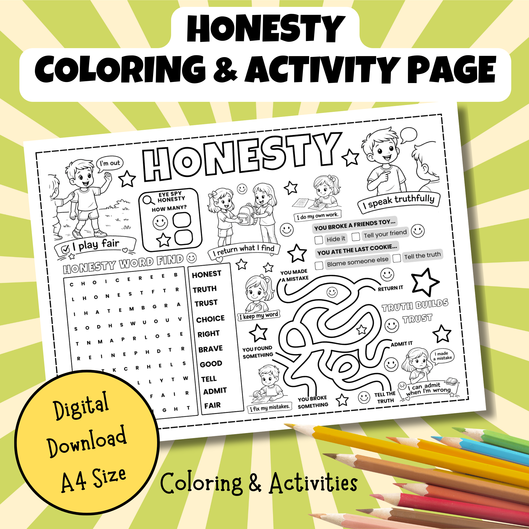 Honesty Coloring & Activity Page | Social Emotional Learning Character Education Worksheet
