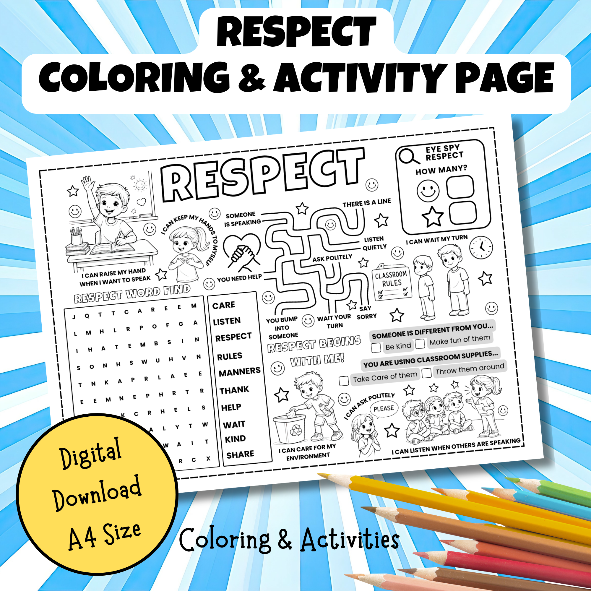 Respect Coloring & Activity Page | Social Emotional Learning Character Education Worksheet
