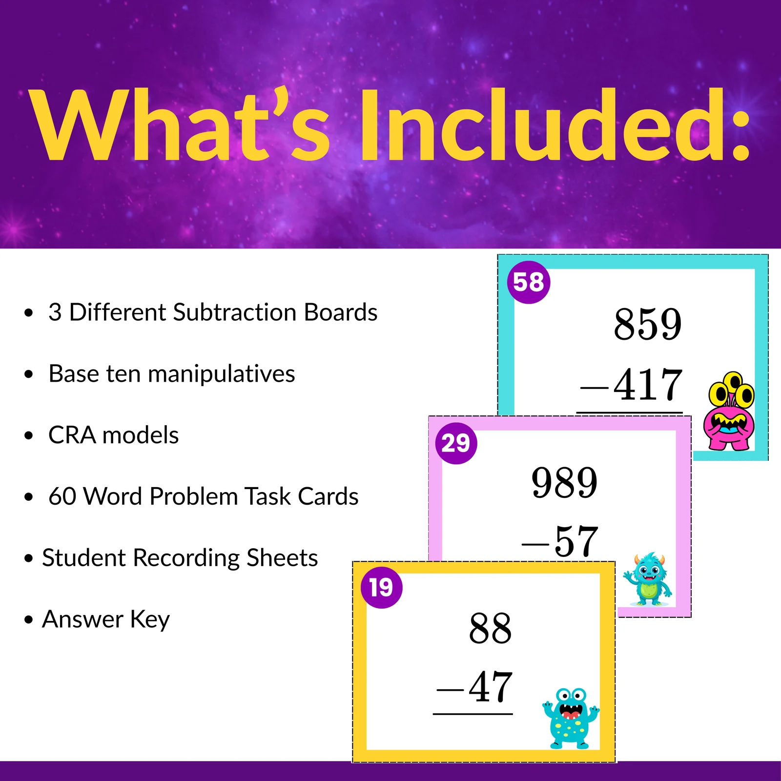 Multi-Digit  Subtraction Task Cards without Regrouping- 2nd and 3rd Grade - CRA Friendly