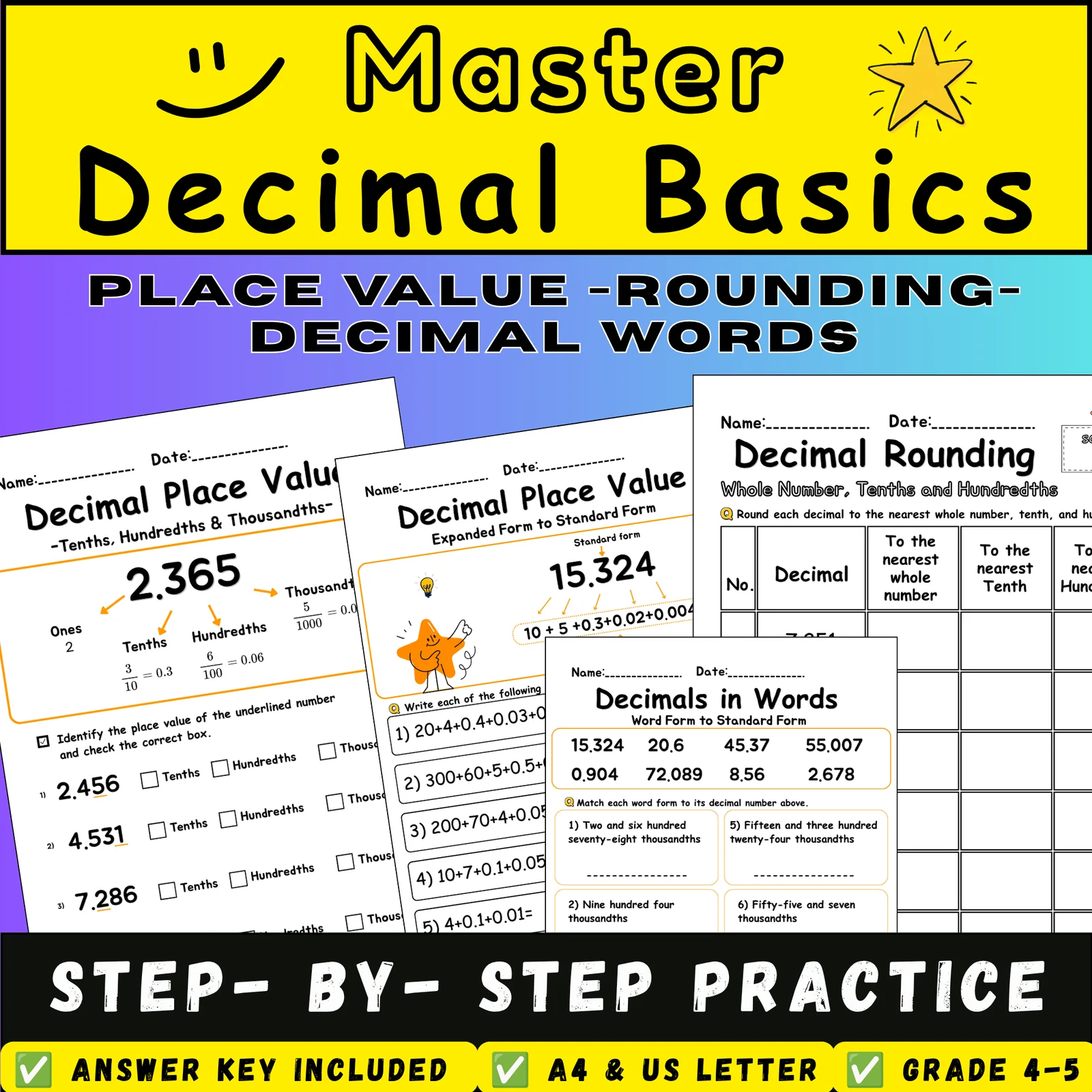 Decimal Worksheets | Place Value, Rounding, Comparing, Adding & Subtracting | Grades 4–5