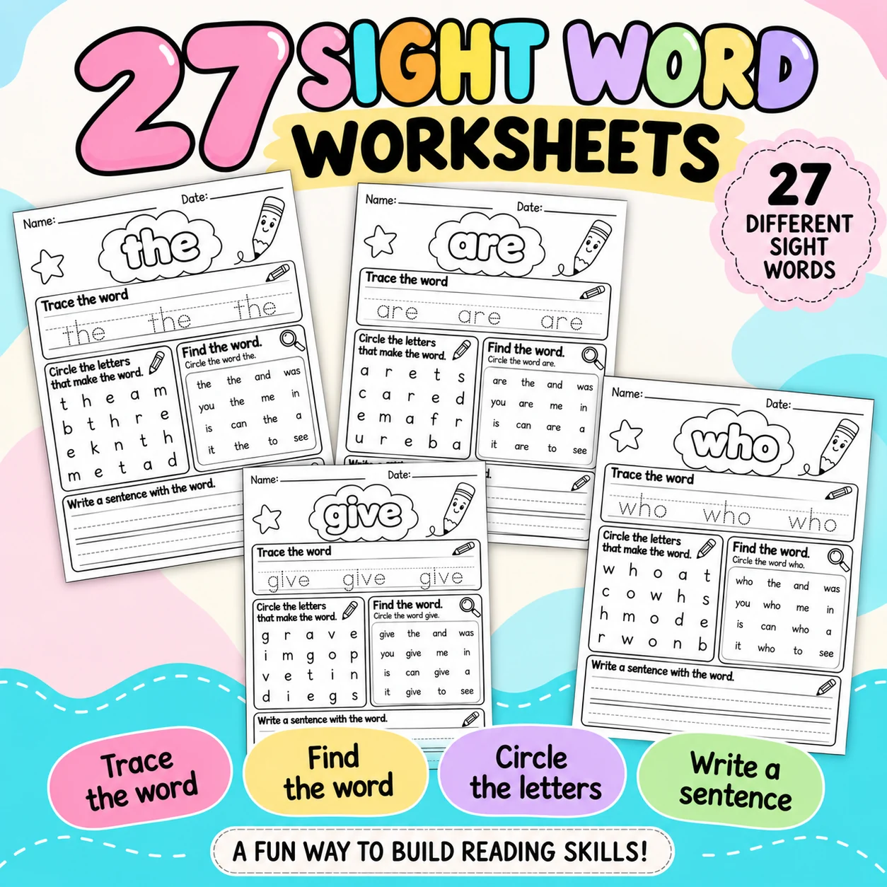 27 Sight Word Worksheets | Trace, Find, Circle & Write | Printable Literacy Activities