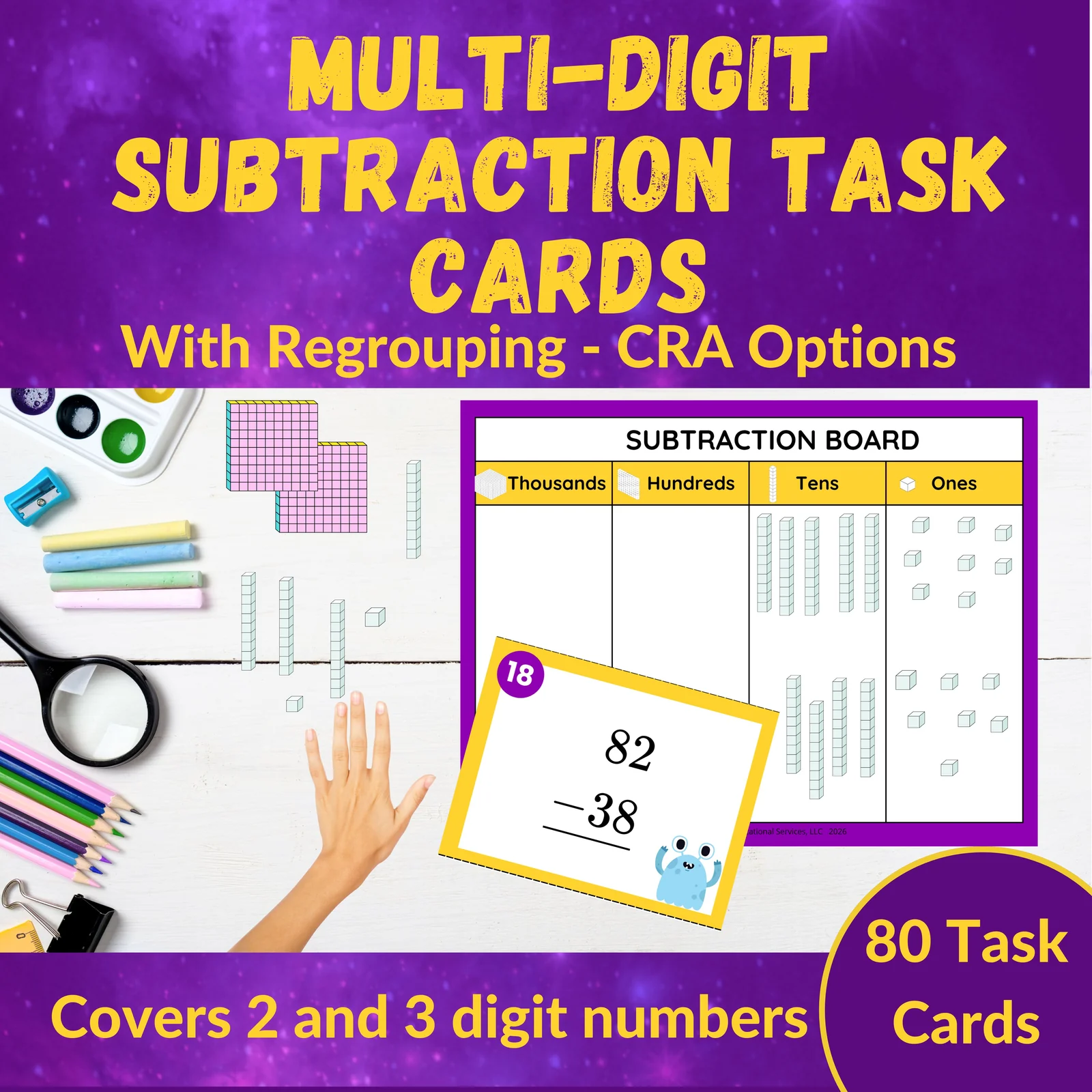 Multi-Digit Regrouping Subtraction Task Cards - 2nd and 3rd Grade - CRA Friendly