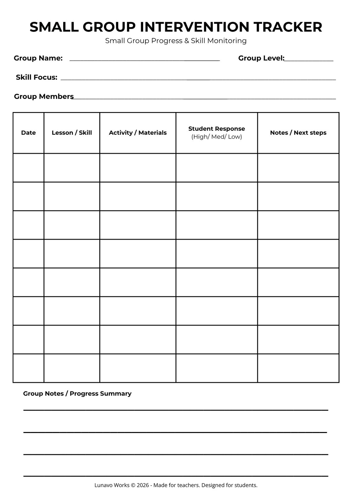 Small Group Intervention Tracker | Printable Student Support Form