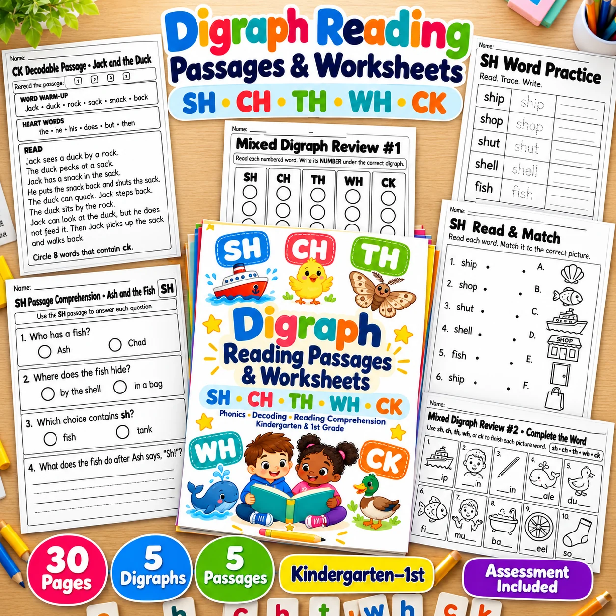 Digraph Reading Passages & Worksheets | SH CH TH WH CK Phonics Activities