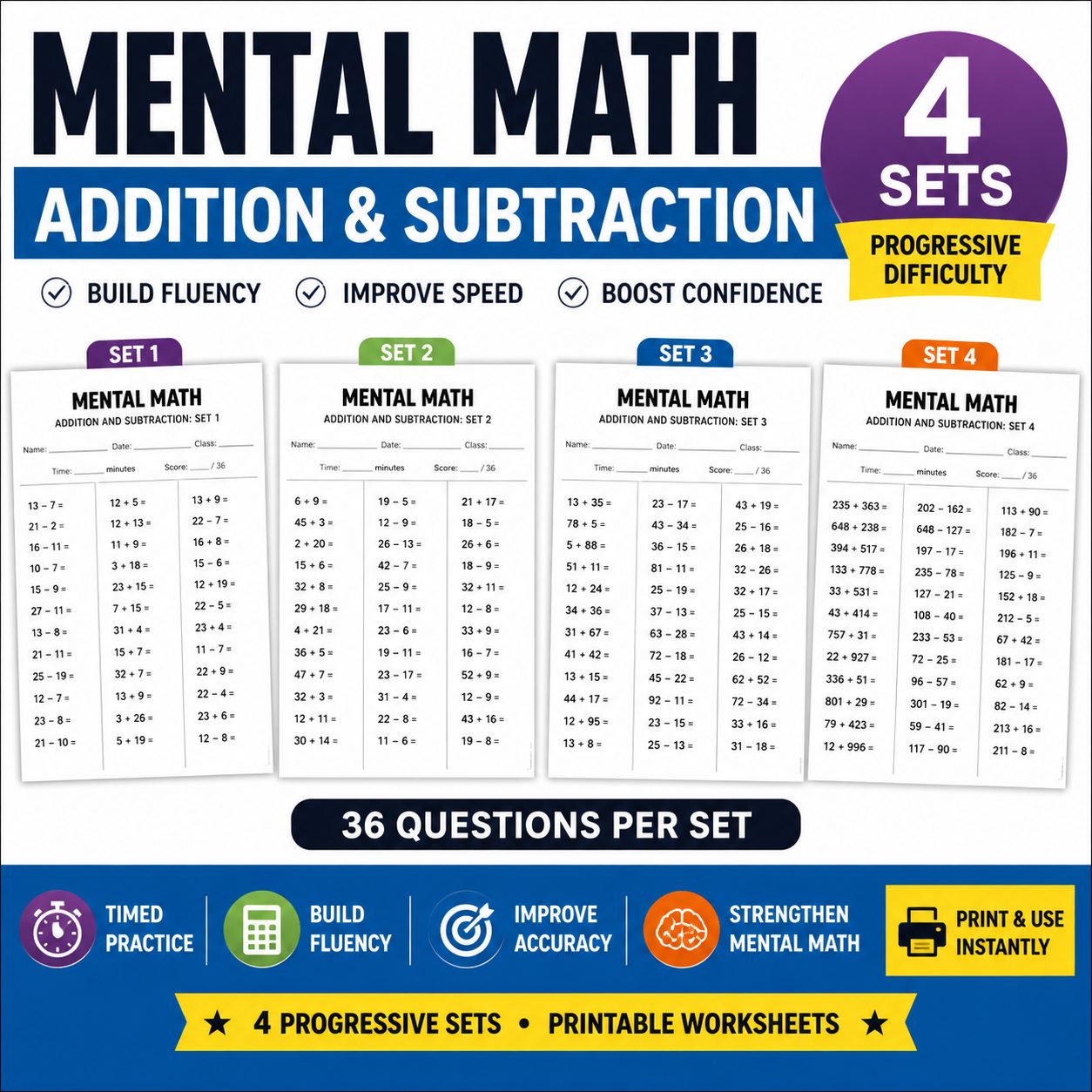 Mental Math Addition and Subtraction Worksheets | Sets 1-4 | 144 total questions