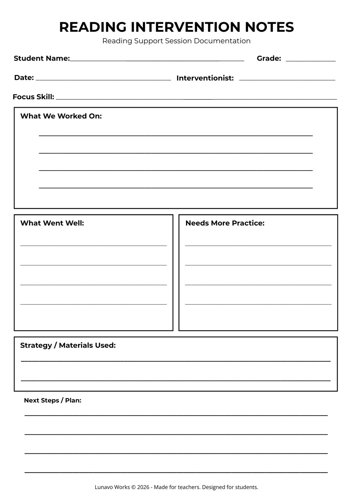 Reading Intervention Notes Form | Printable Reading Support Template