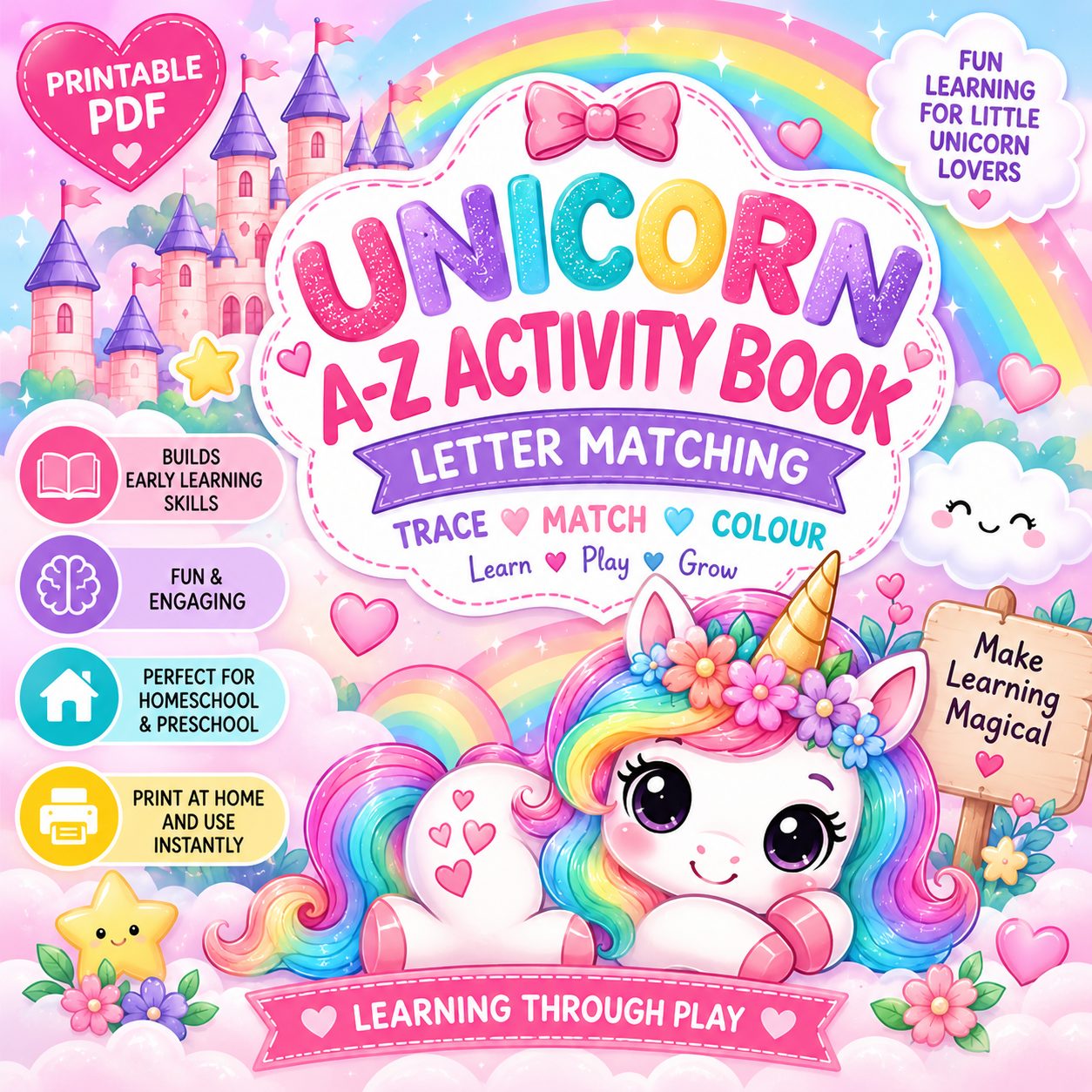 Make learning the alphabet magical with this fun Unicorn A–Z Activity Book! 🦄🌈