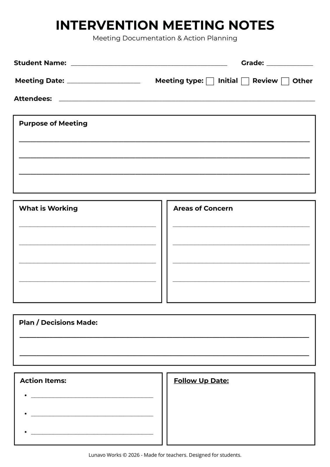 Intervention Meeting Notes Form | Printable Student Support Template